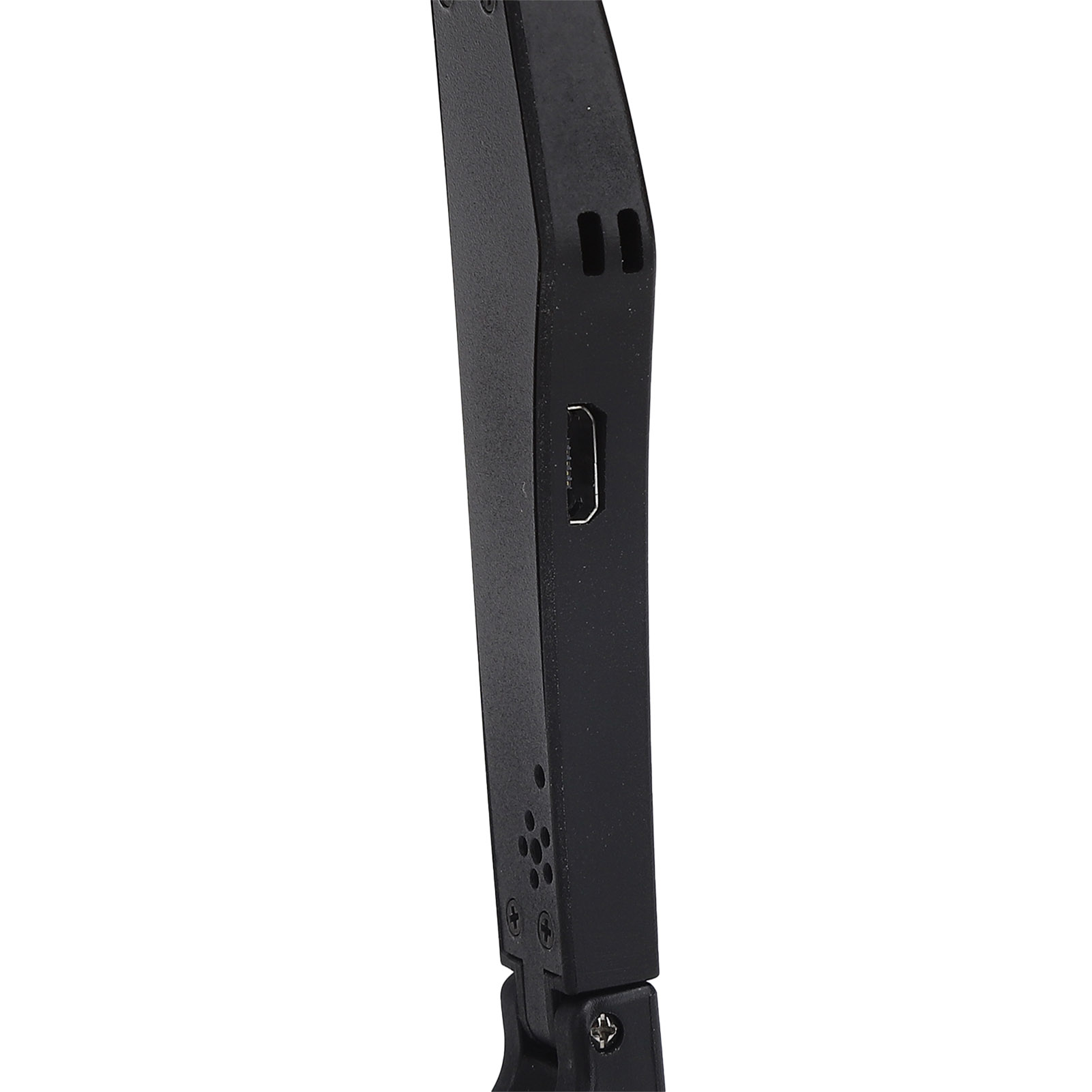 Nahaufnahme eines schwarzen Smart Glasses-Arms mit Ladeanschluss, weißer Hintergrund.