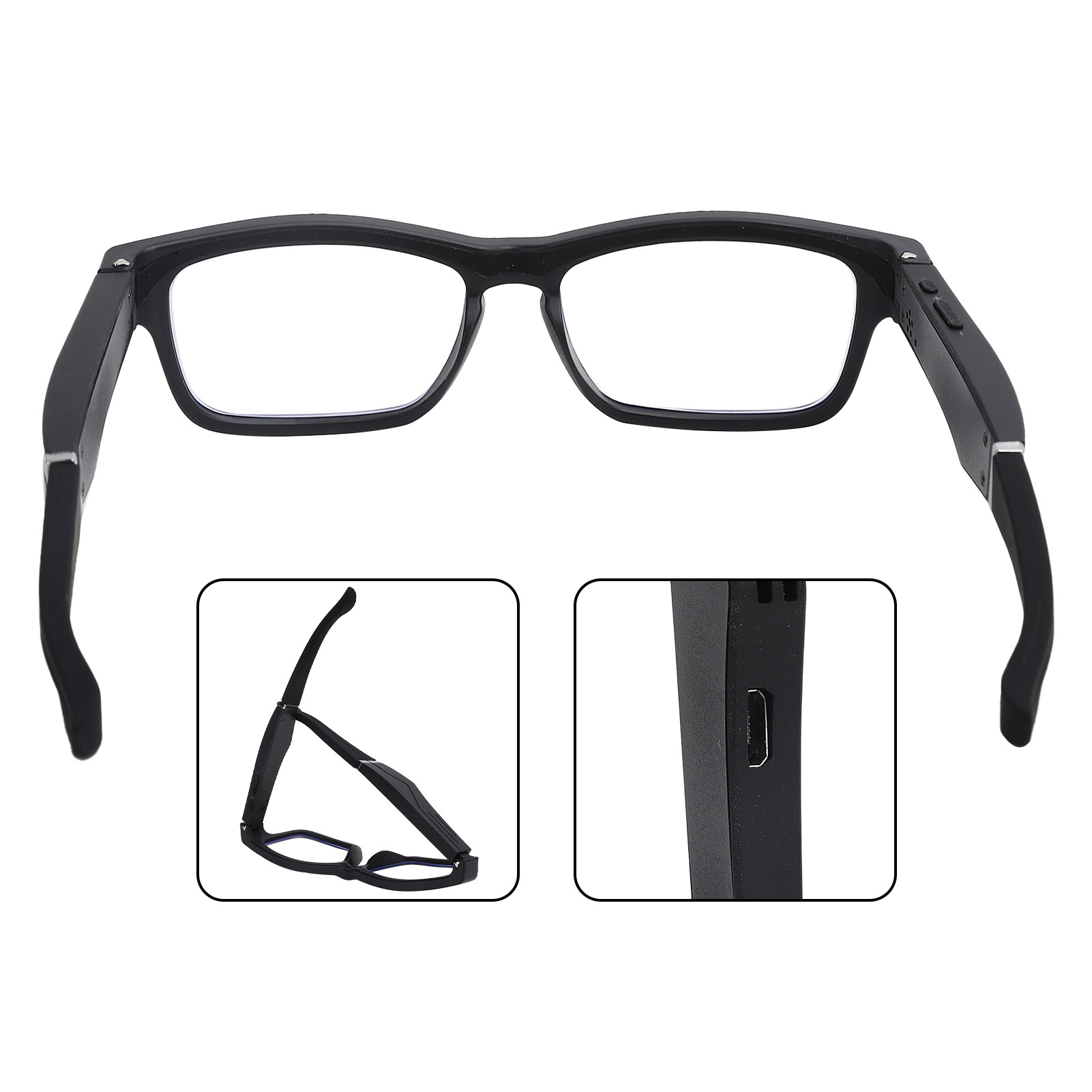 Schwarze Smart Glasses mit eingesetzten Bildern von Brille und Ladeanschluss.