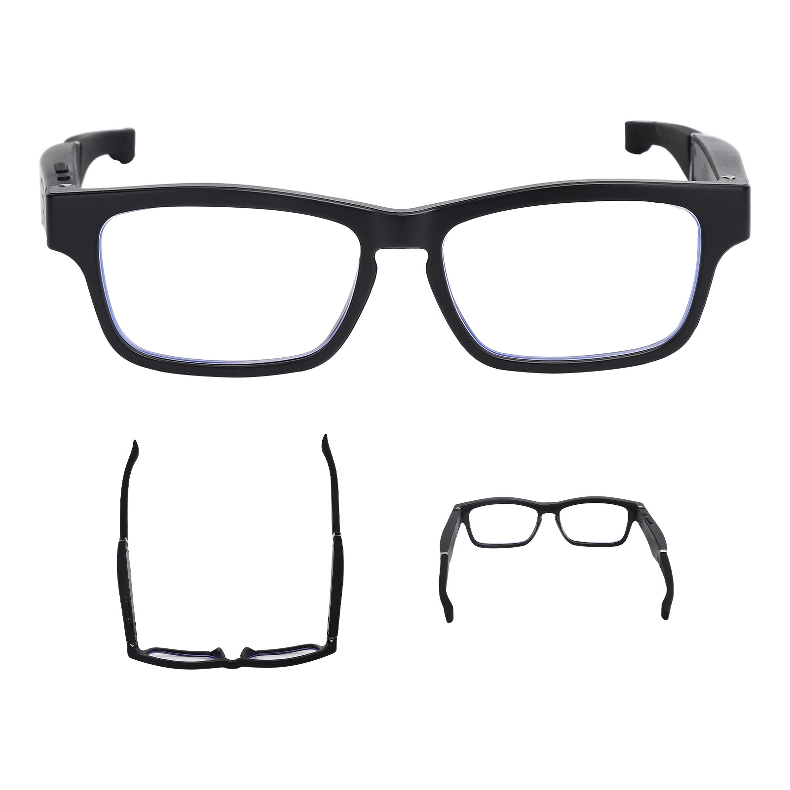 Mehrere Ansichten der schwarzen Smart Glasses, Vorder-, Seiten- und Draufsicht.