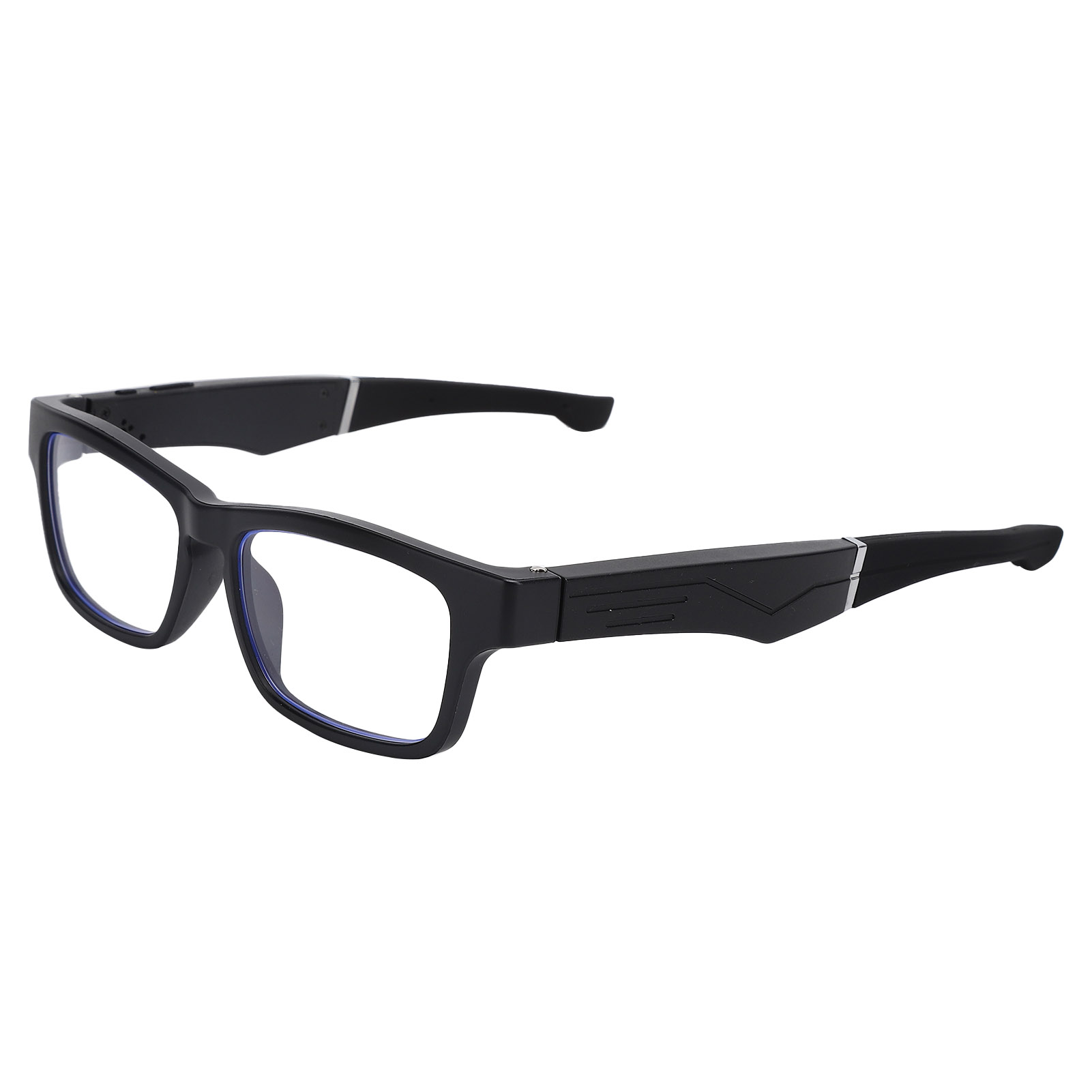 Schwarze Smart Glasses mit blau getönten Gläsern, Winkelansicht, weißer Hintergrund.