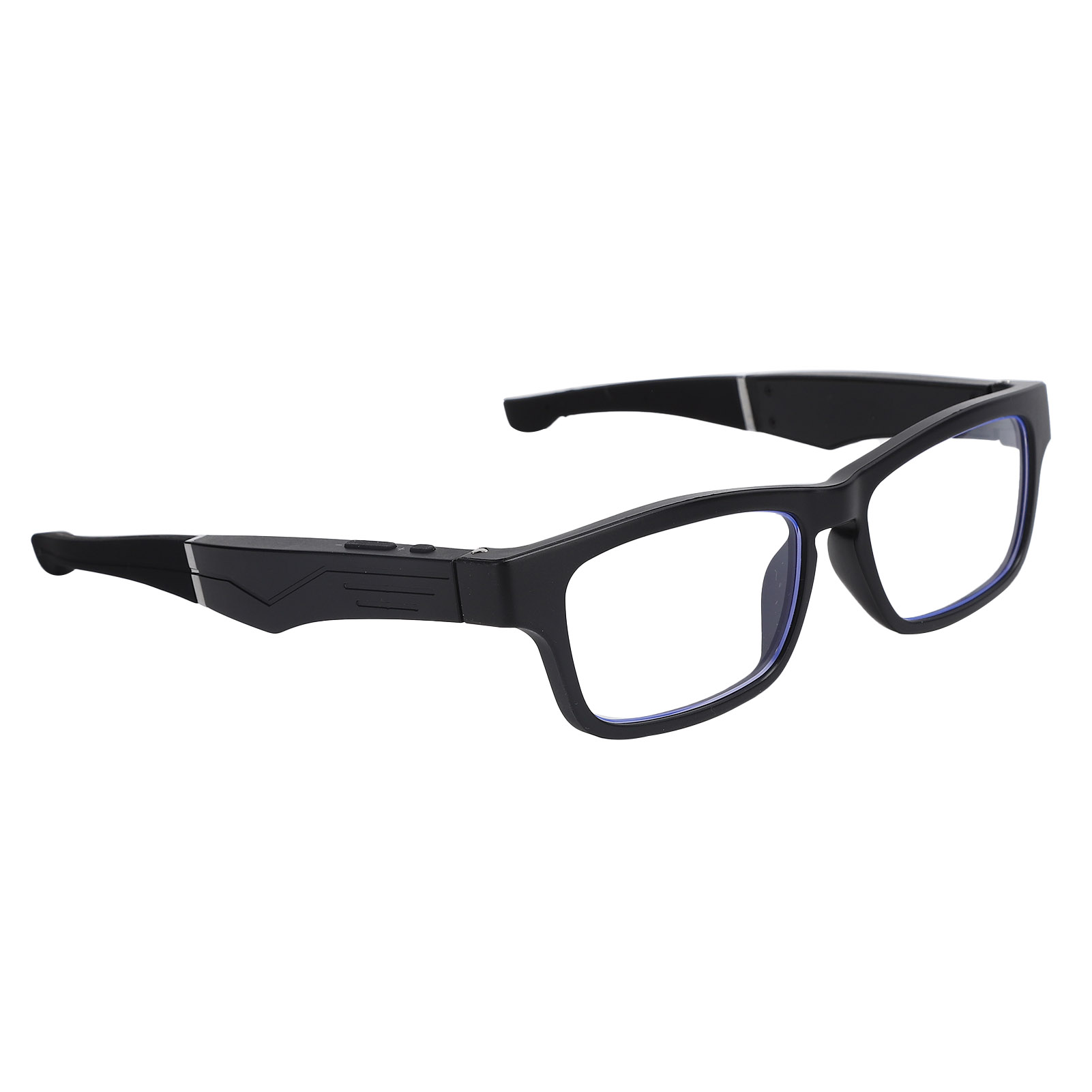 Schwarze Smart Glasses mit blau getönten Gläsern, Winkelansicht, weißer Hintergrund.