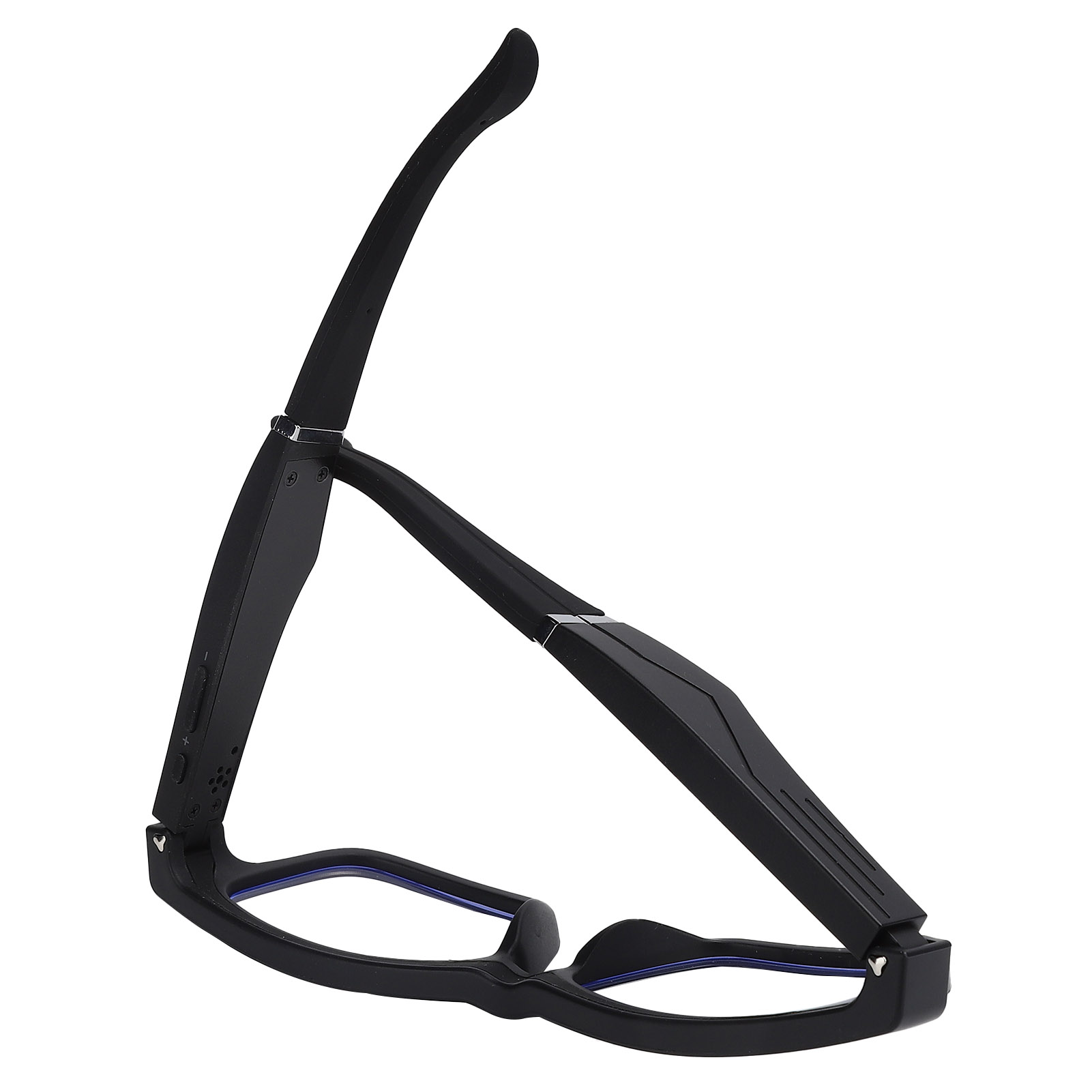Schwarze Smart Glasses, zusammengeklappt, mit Blick auf die Gläser, weißer Hintergrund.