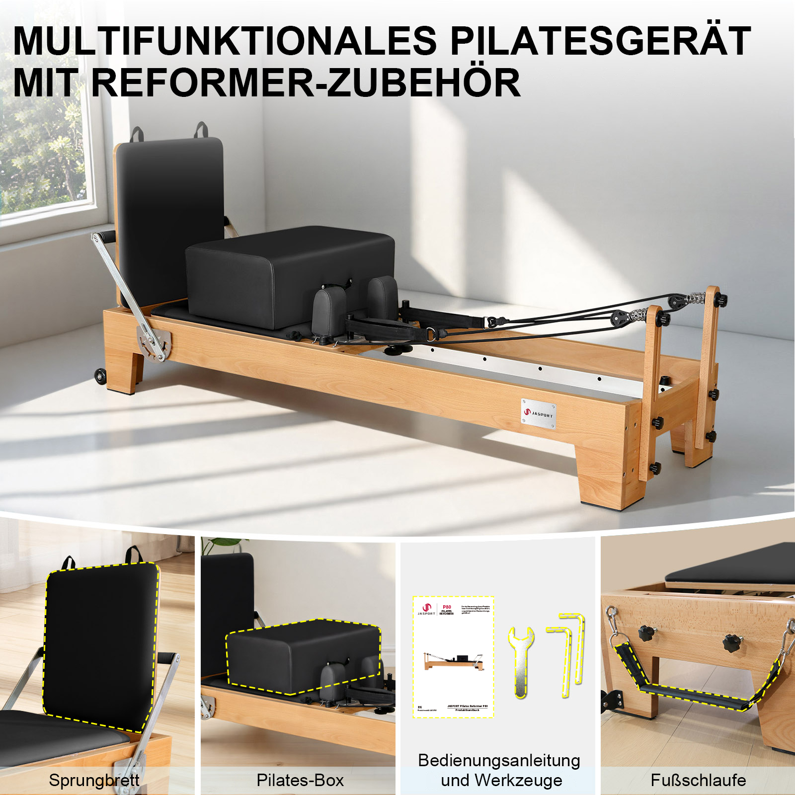 Ein hölzerner Pilates-Reformer mit schwarzer Polsterung und Zubehör, vor einem weißen Hintergrund mit natürlichem Licht.