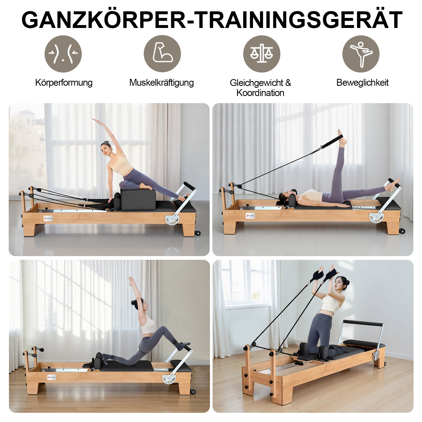 Collage, das verschiedene Übungen auf einem hölzernen Pilates-Reformer vor einem weißen Hintergrund mit Textüberlagerungen zeigt.