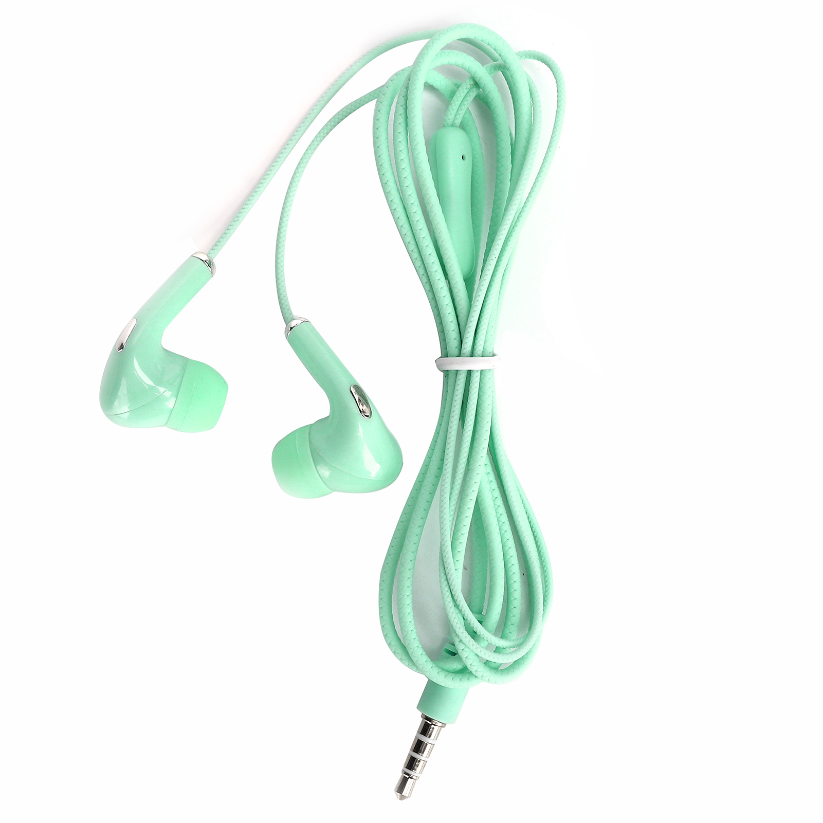 Mintgrüne Kopfhörer mit Kabel und 3,5-mm-Klinke auf Weiß.