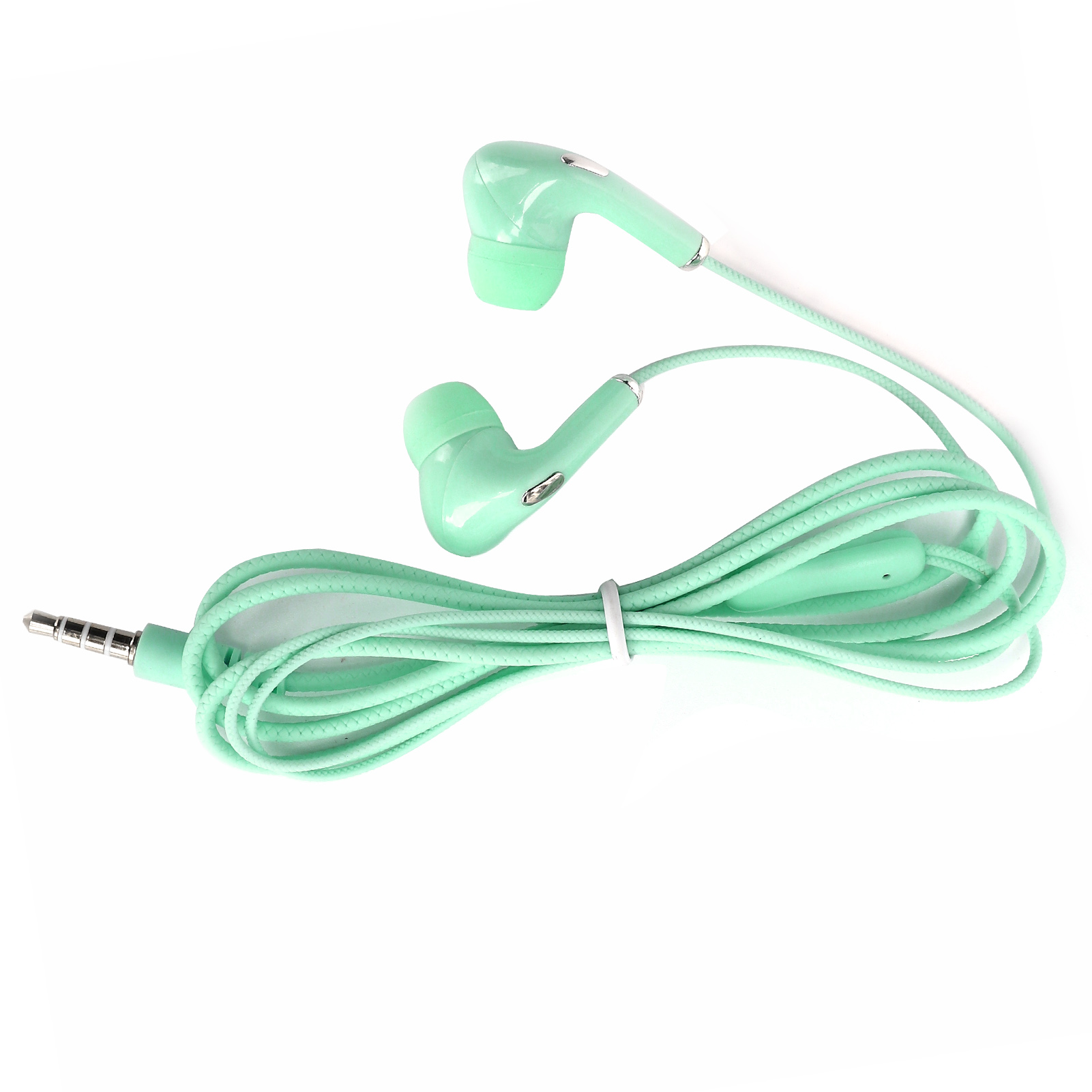Mintgrüne Kopfhörer mit Kabel und 3,5-mm-Klinke auf Weiß.