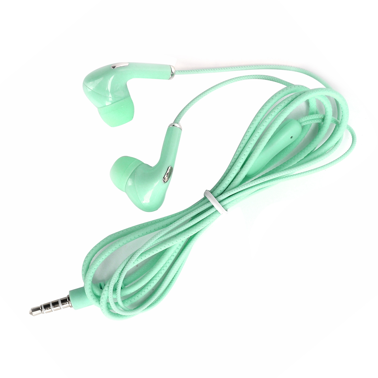 Mintgrüne Kopfhörer mit Kabel und 3,5-mm-Klinke auf Weiß.