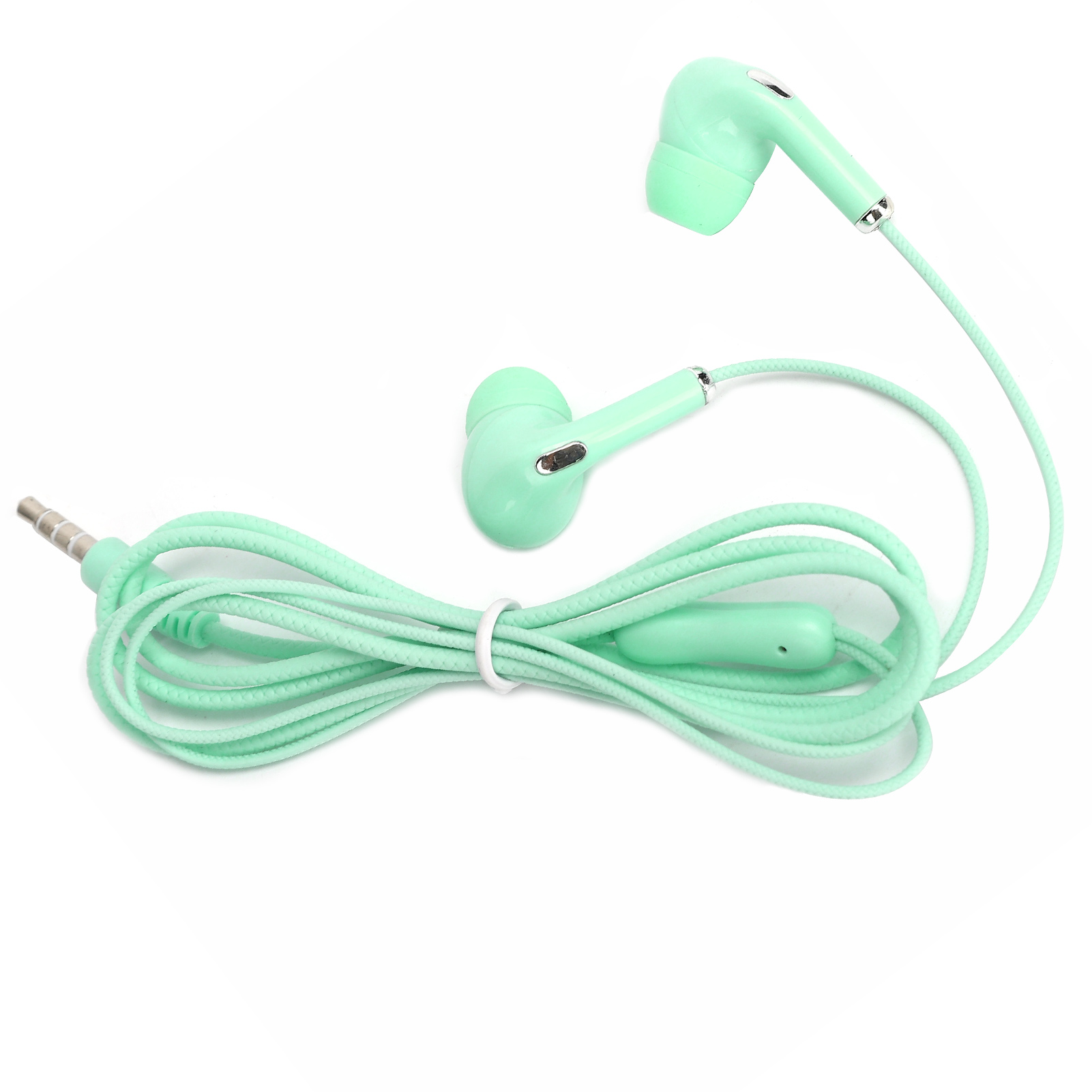 Mintgrüne Kopfhörer mit Kabel und 3,5-mm-Klinke auf Weiß.