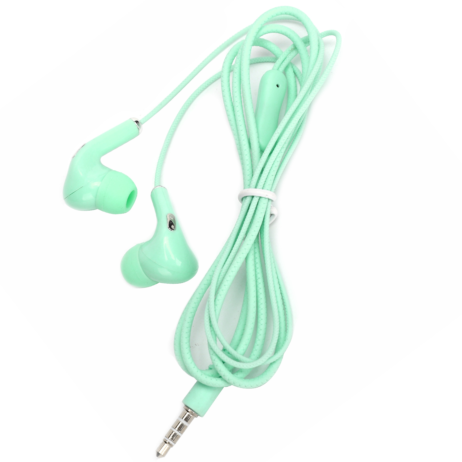 Mintgrüne Kopfhörer mit Kabel und 3,5-mm-Klinke auf Weiß.