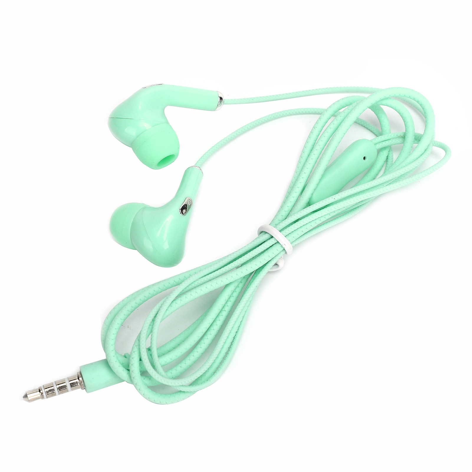 Mintgrüne Kopfhörer mit Kabel und 3,5-mm-Klinke auf Weiß.