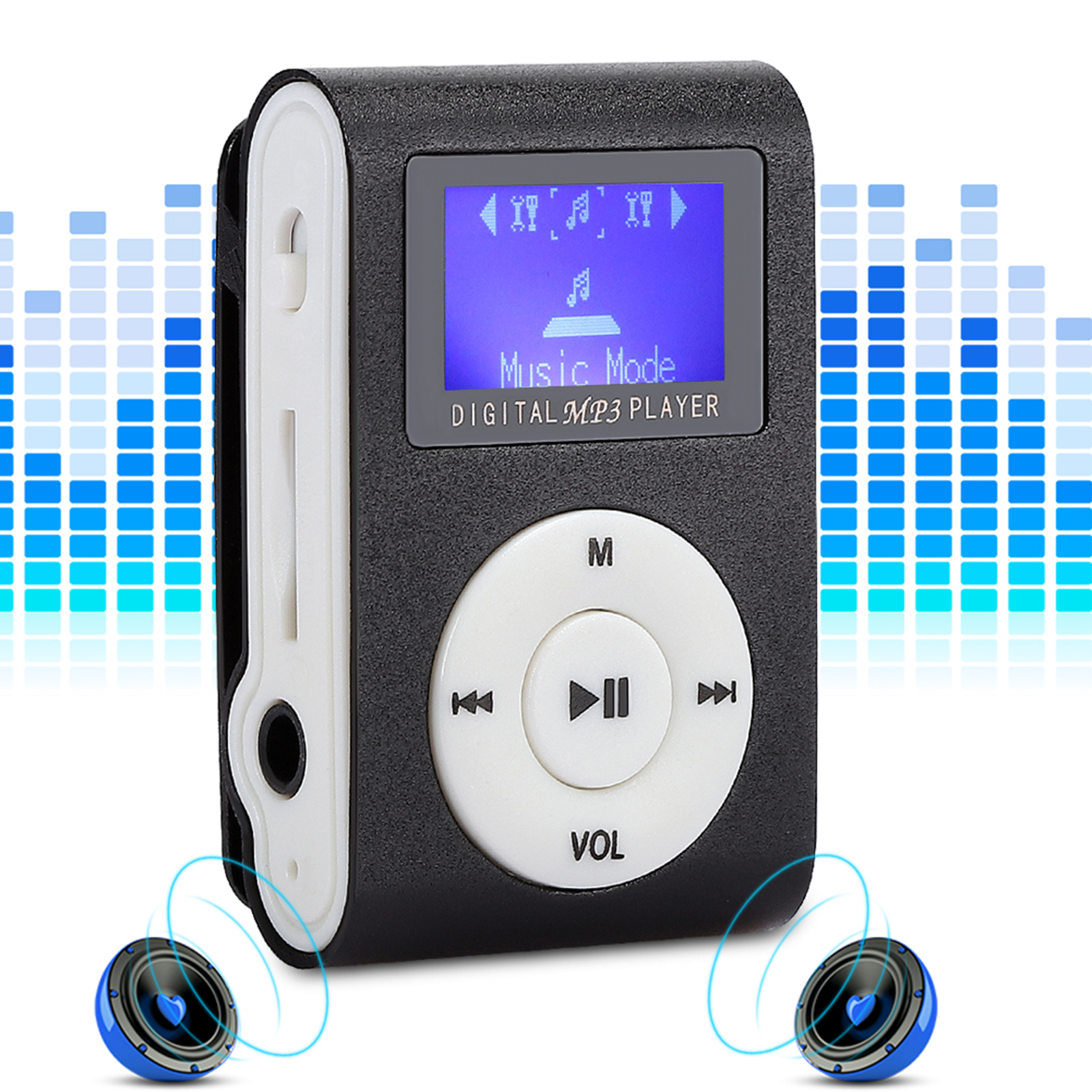 Schwarzer MP3-Player mit Kopfhörern und einem USB-Kabel, umgeben von blauen Schallwellen auf einem weißen Hintergrund.
