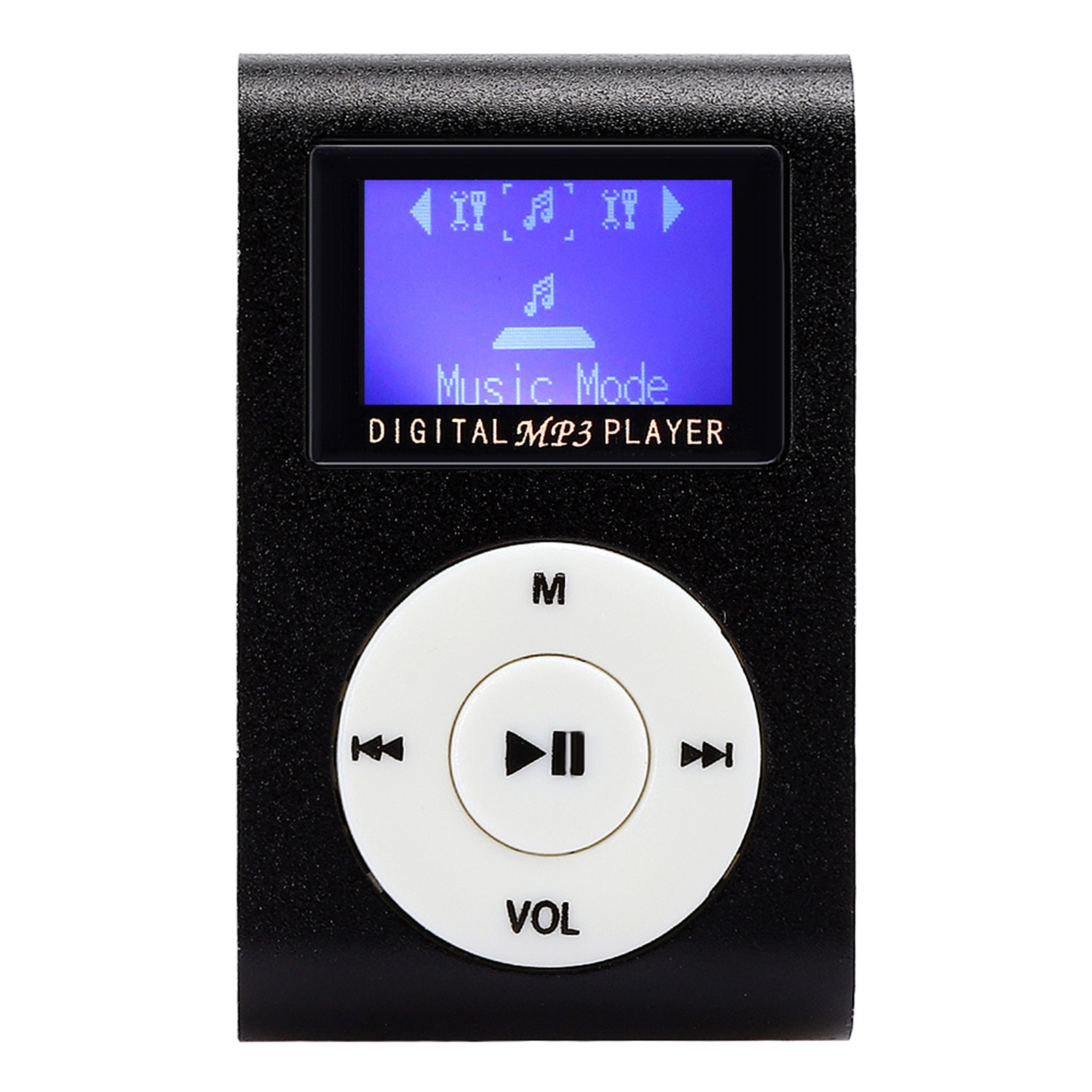 Schwarzer digitaler MP3-Player mit blauem Bildschirm und weißen Bedienelementen auf weißem Hintergrund.