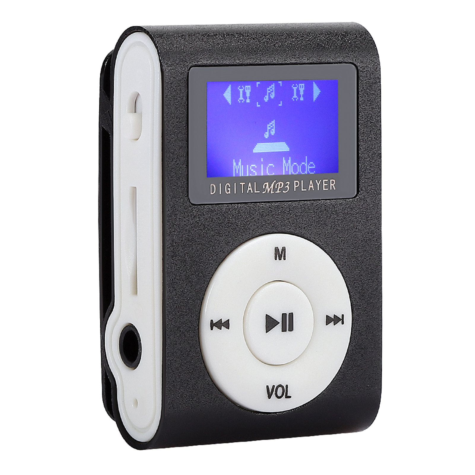 Schwarzer digitaler MP3-Player mit blauem Bildschirm und weißen Tasten, schräge Ansicht mit Seitendetails.