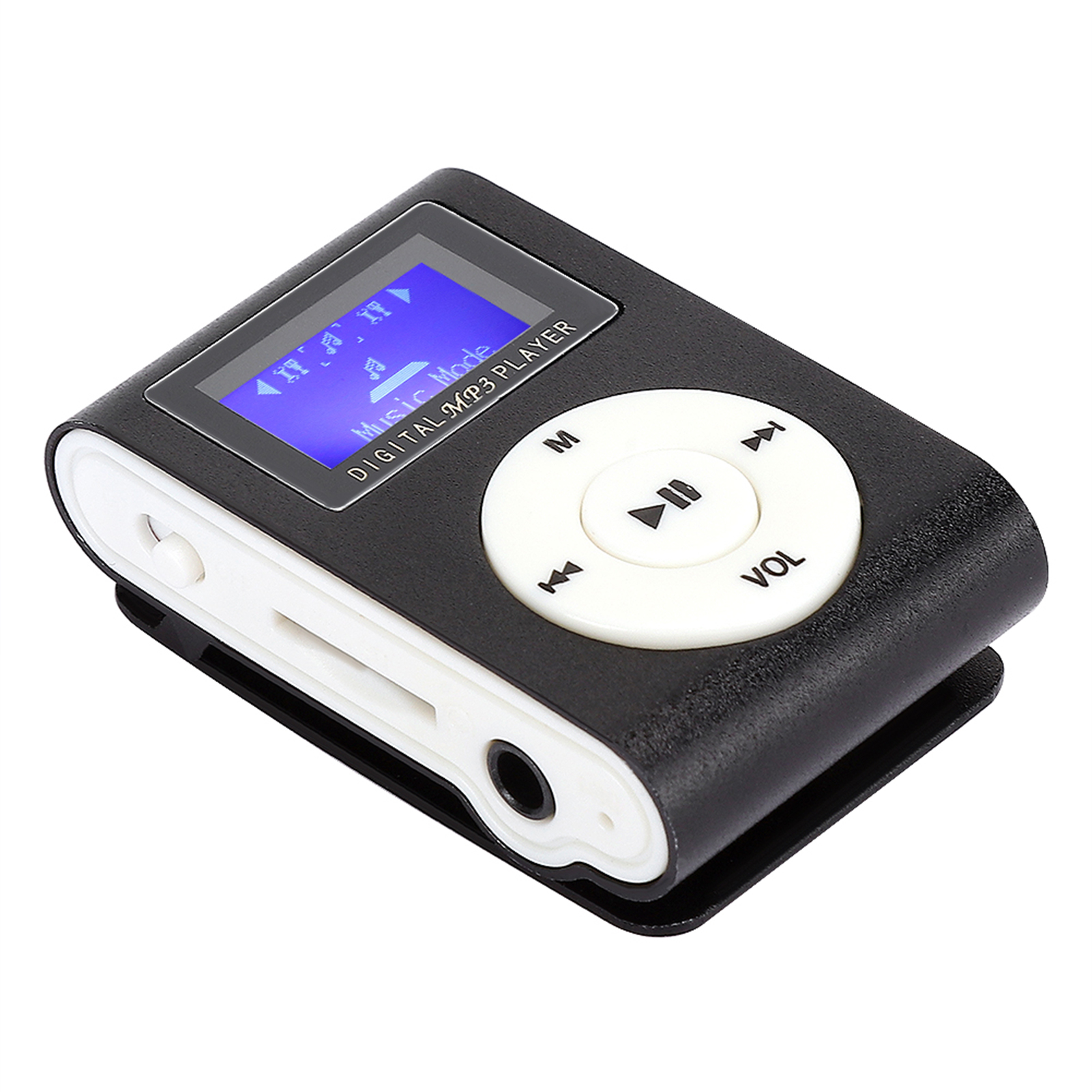 Schwarzer digitaler MP3-Player mit blauem Bildschirm und weißen Tasten auf einer weißen Oberfläche.