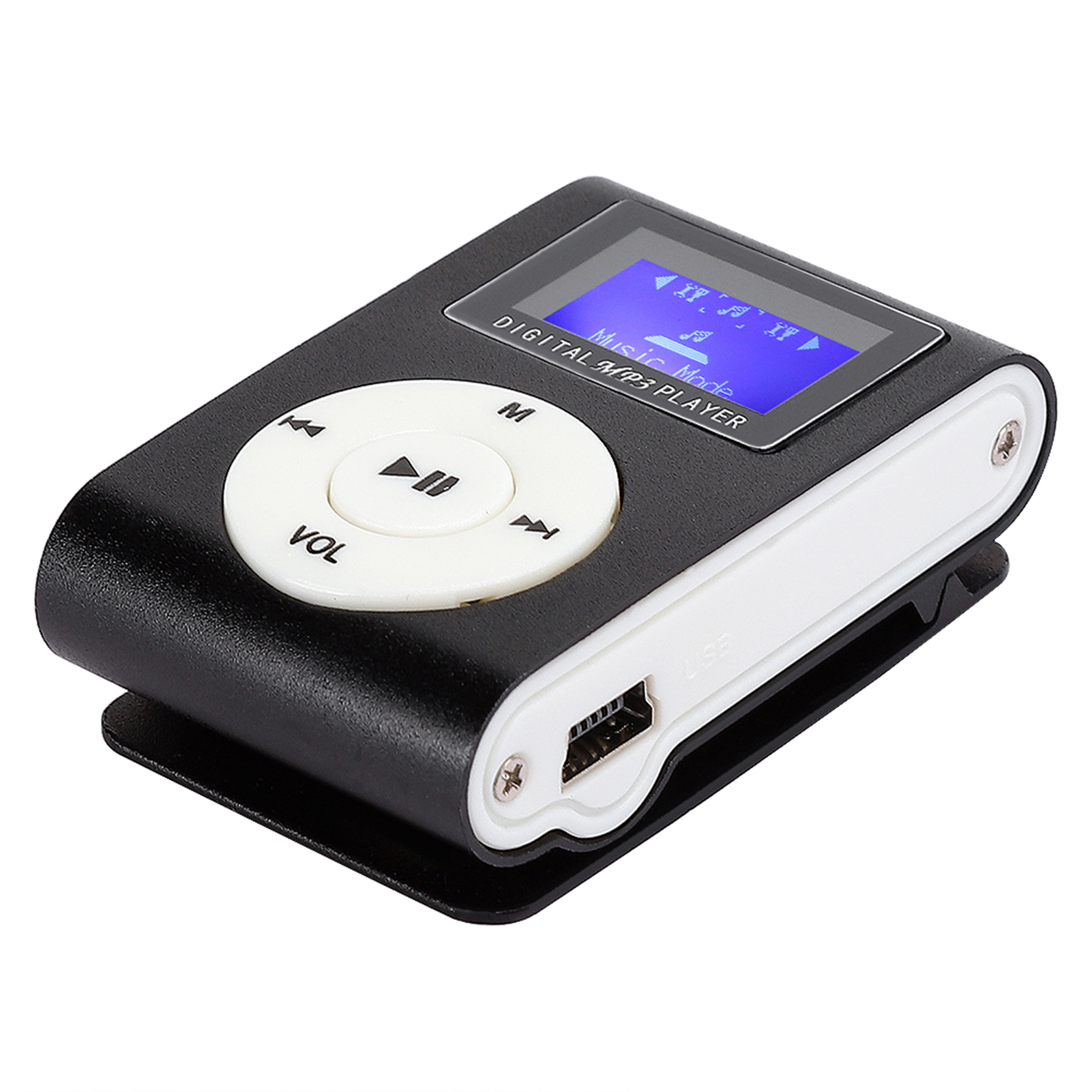 Schwarzer digitaler MP3-Player mit blauem Bildschirm und weißen Tasten, schräge Ansicht mit Seitendetails.