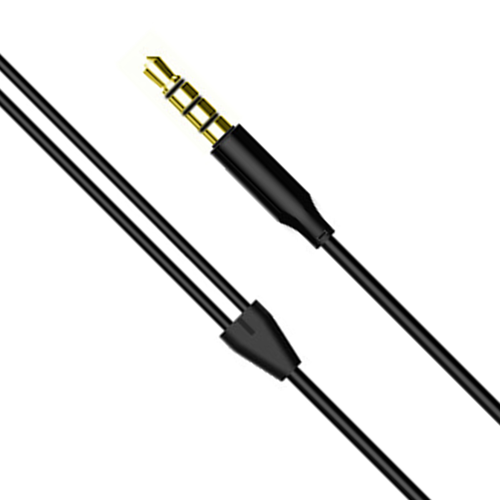 Ein schwarzes Audiokabel mit einem goldfarbenen Stecker auf weißem Hintergrund.