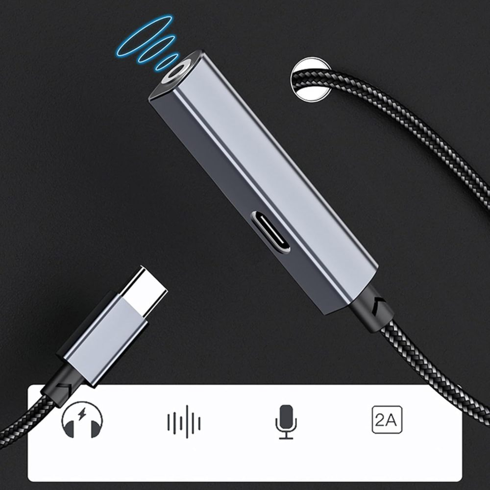 Ein USB-C-Adapter und -Kabel werden auf einer schwarzen Oberfläche mit Symbolen angezeigt.