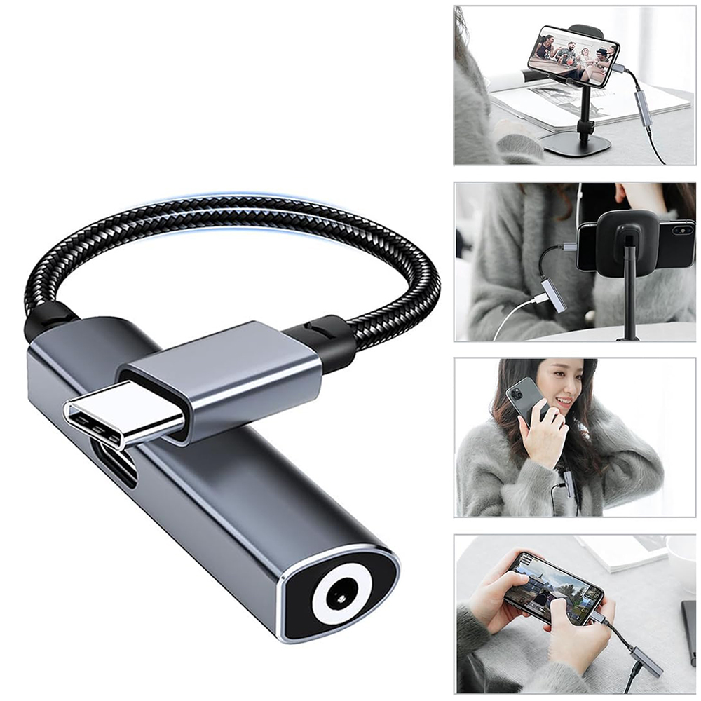 Ein grauer USB-C-auf-Kopfhöreranschluss-Adapter mit einem geflochtenen schwarzen Kabel zeigt Anwendungsfälle.