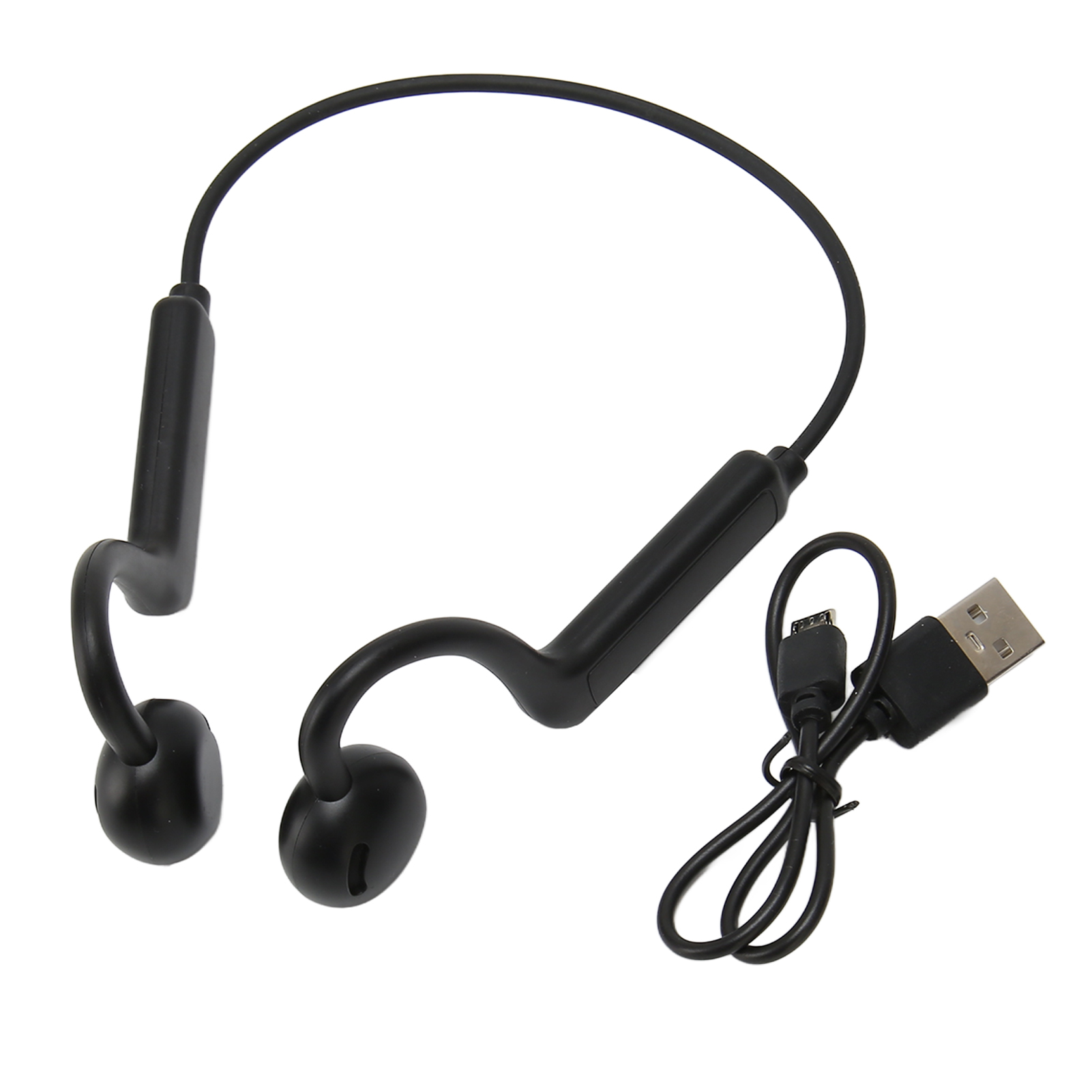 Schwarze Knochenleitungskopfhörer und ein USB-Ladekabel auf einem weißen Hintergrund.