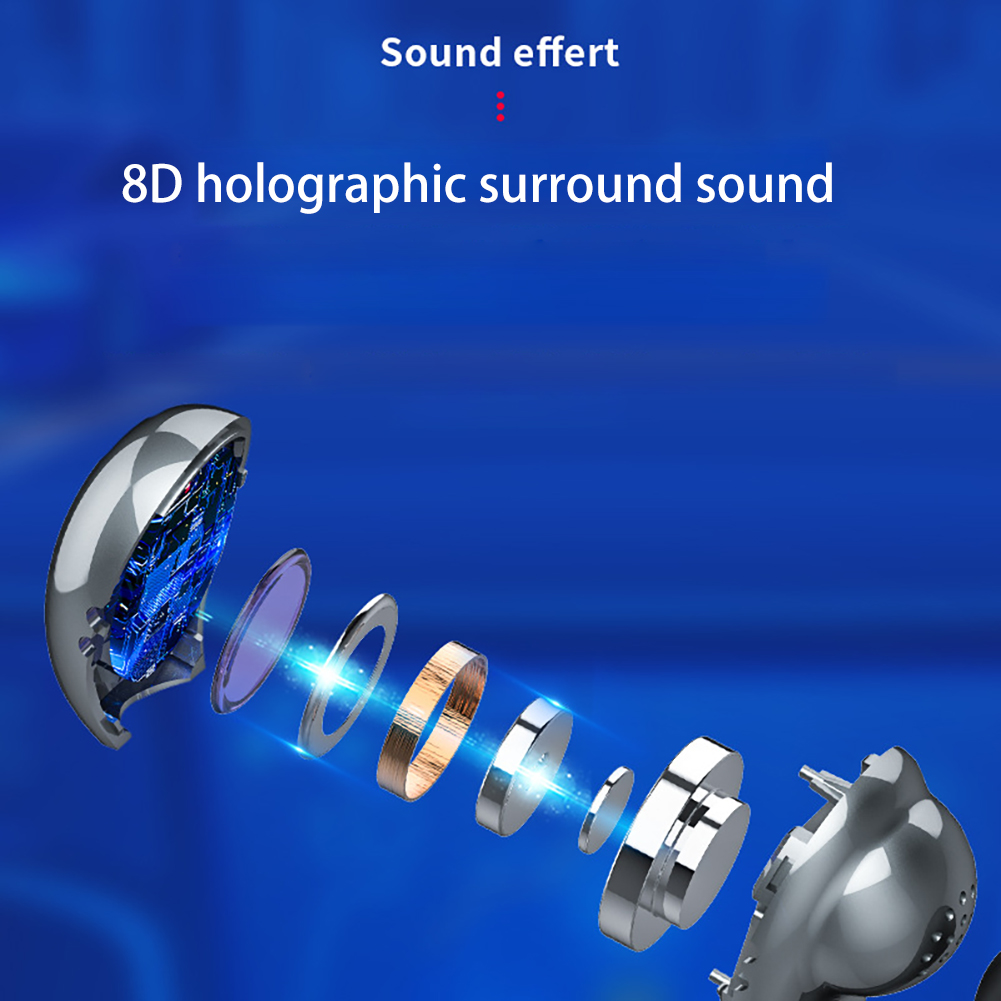 Zerlegte silberne und blaue Ohrhörer mit Soundeffekt-Text. Blauer Hintergrund.