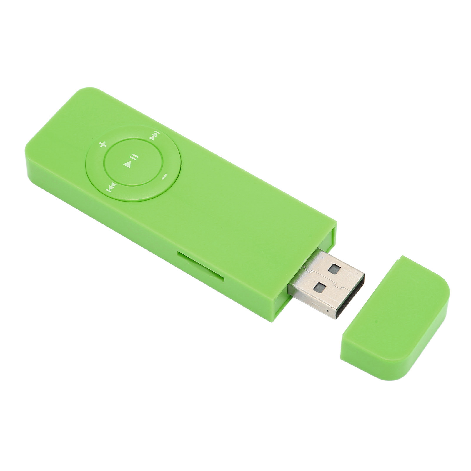 Ein grüner MP3-Player mit USB-Anschluss und Steuertasten wird gezeigt. Der Hintergrund ist weiß.