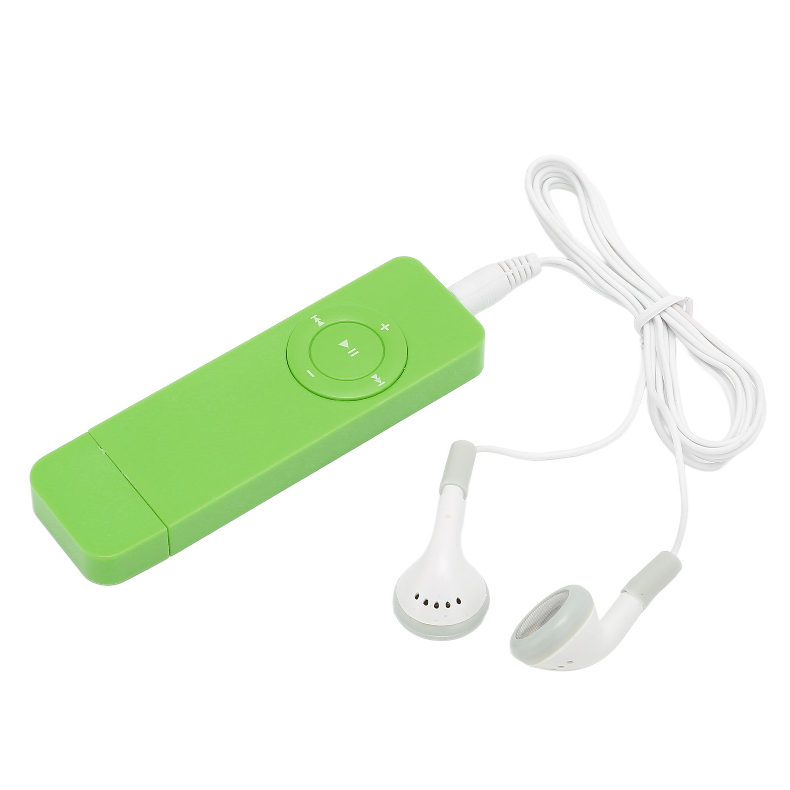 Ein grüner MP3-Player, weiße Ohrhörer und ein weißes Kabel werden gezeigt. Der Hintergrund ist weiß.