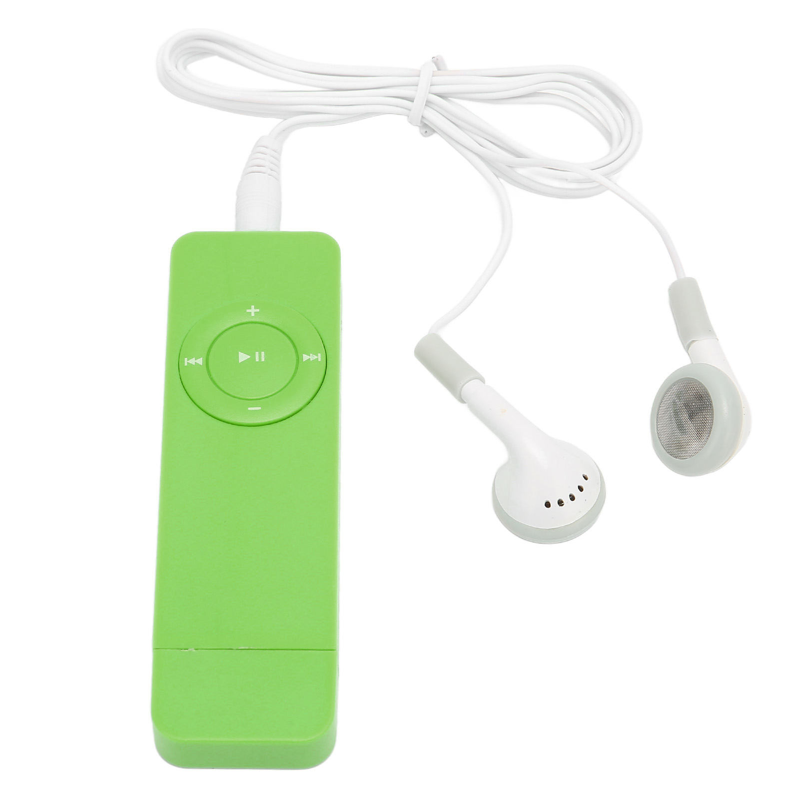 Ein grüner MP3-Player, weiße Ohrhörer und ein weißes Kabel werden gezeigt. Der Hintergrund ist weiß.