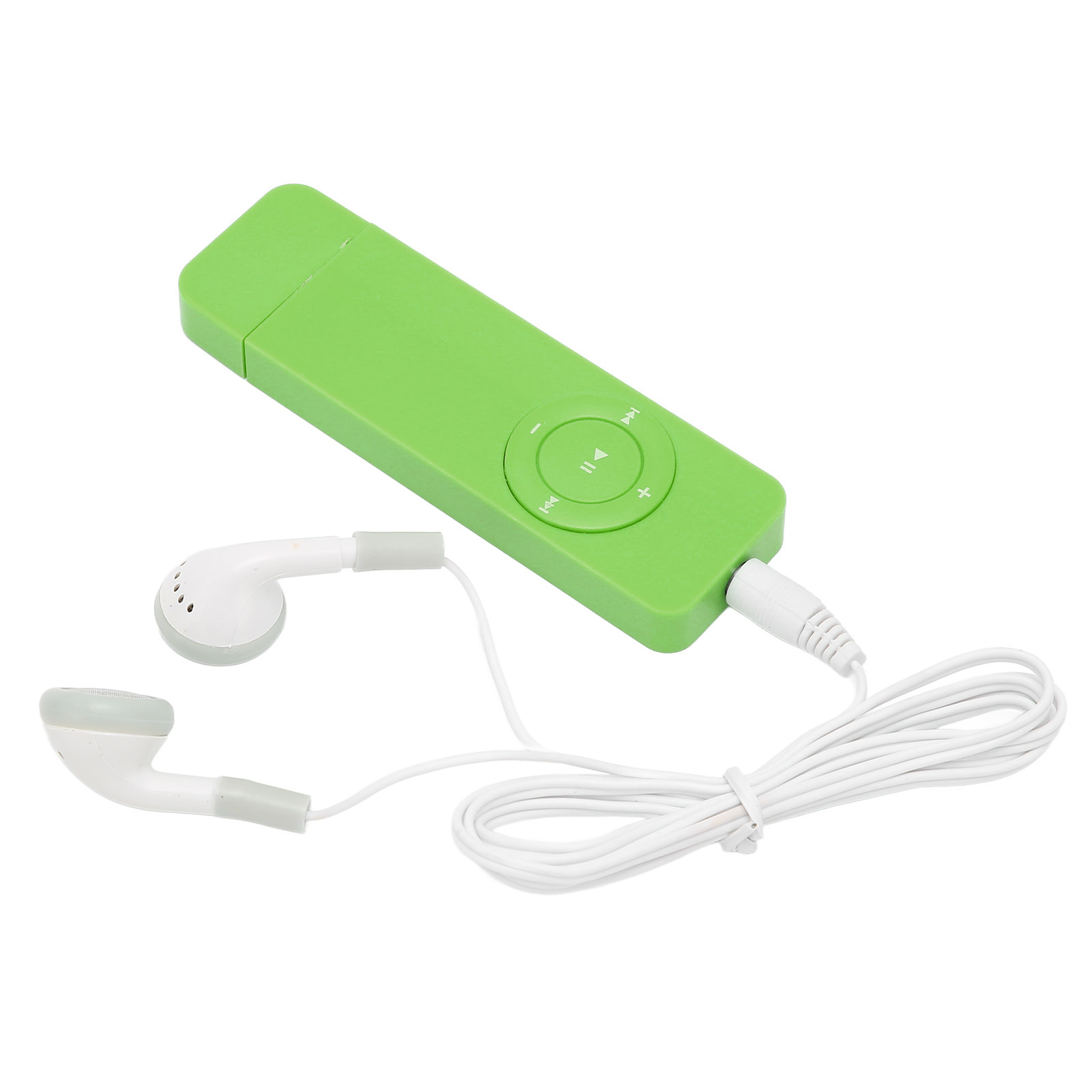 Grüner MP3-Player mit weißen Kopfhörern. Knöpfe sind sichtbar. Weißer Hintergrund.