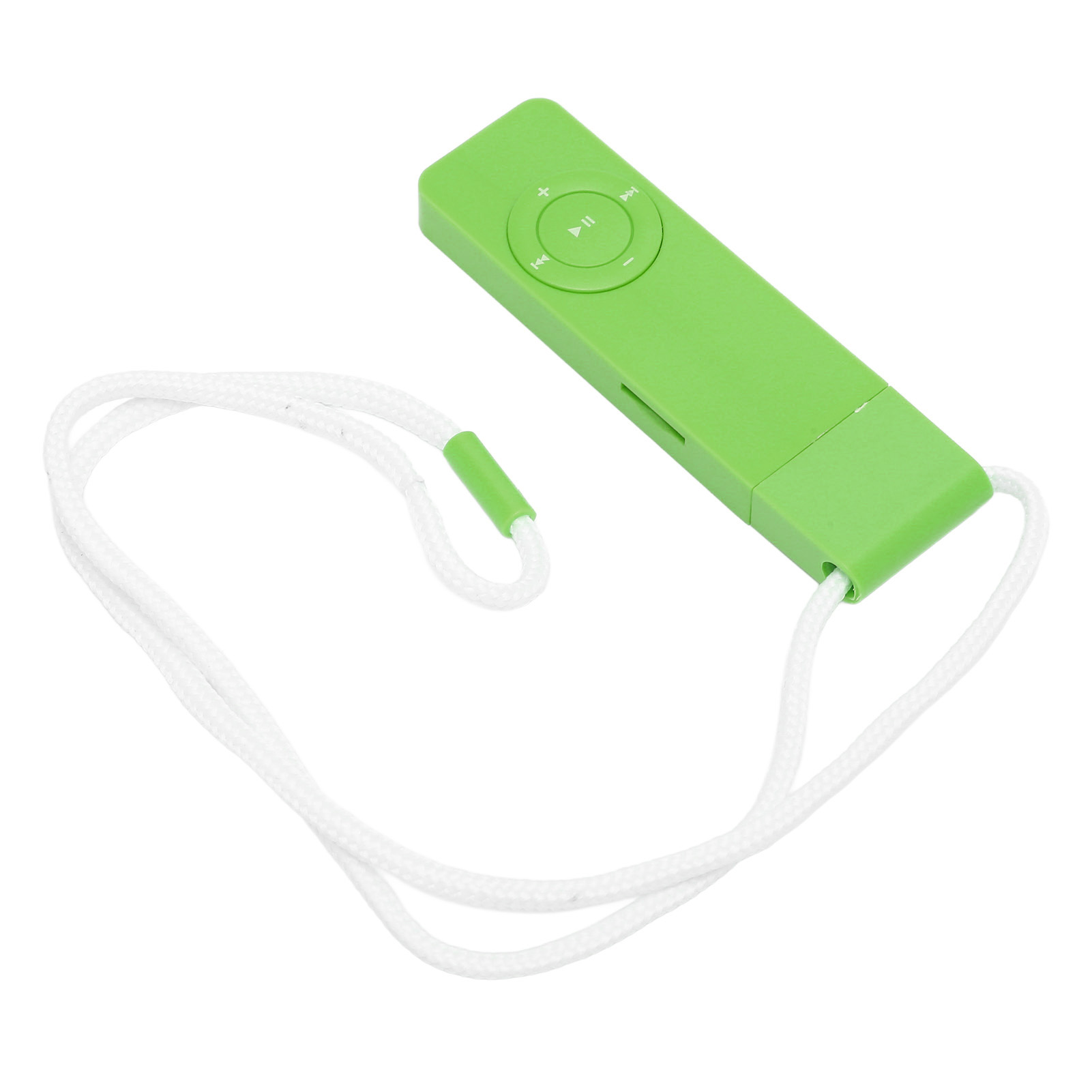 Grüner MP3-Player mit weißem Lanyard. Knöpfe sichtbar. Weißer Hintergrund.