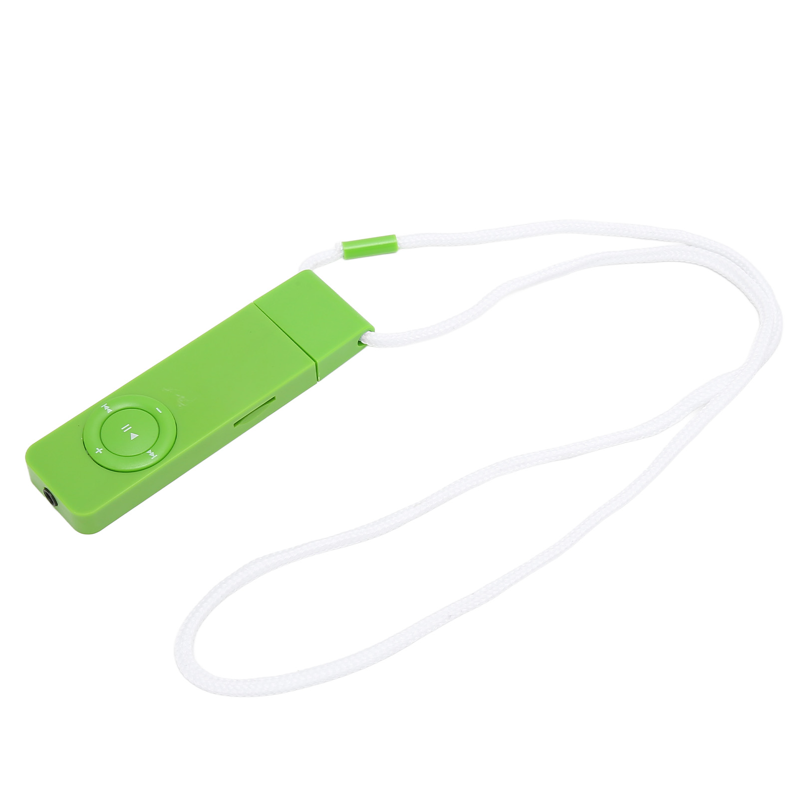 Grüner MP3-Player mit weißem Schlüsselband. Knöpfe vorne. Weißer Hintergrund.