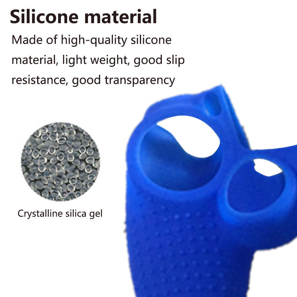 Eine Nahaufnahme einer blauen Silikon-Gamecontroller-Abdeckung mit Text, der die Eigenschaften von Silikonmaterial beschreibt.