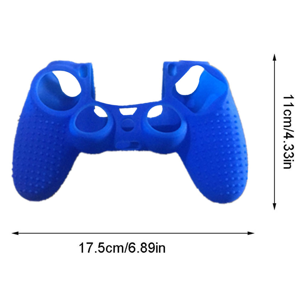 Eine blaue Silikonhülle für einen Gamecontroller, deren Abmessungen durch Pfeile und Textbeschriftungen angegeben werden.
