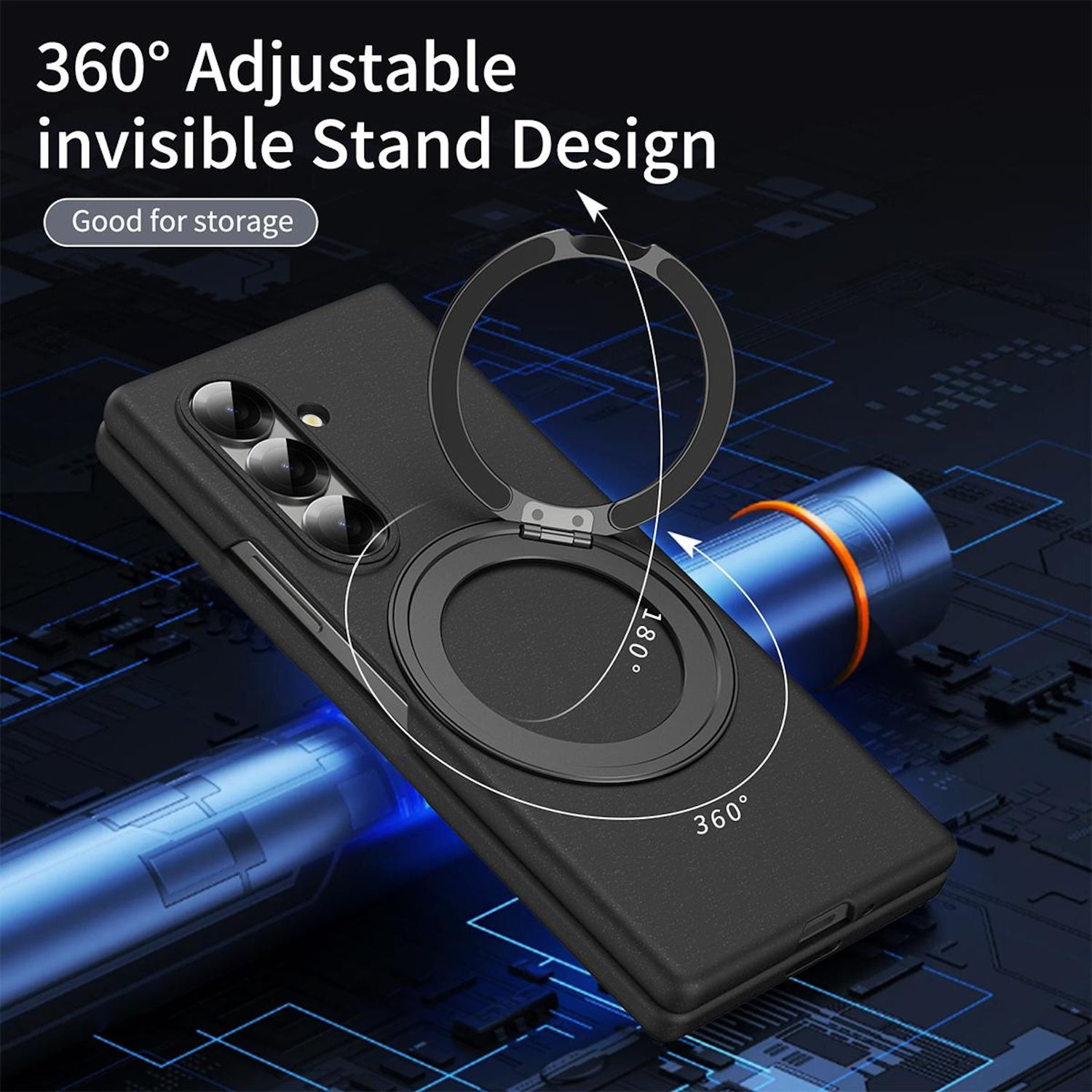 Eine schwarze Handyhülle mit verstellbarem Ringständerdesign, die mit ihrer 360°-Drehfunktion zur Aufbewahrung gezeigt wird.