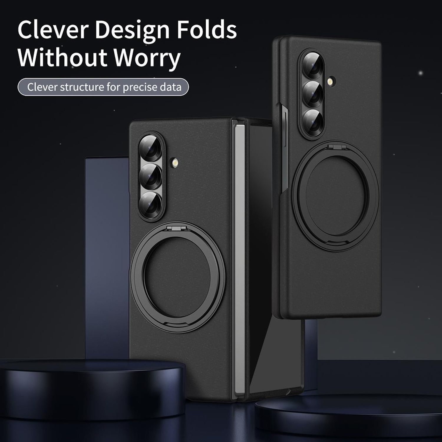 Zwei schwarze Handyhüllen mit Ringständern, die ihr cleveres Design zum falten ohne Sorgen hervorheben.
