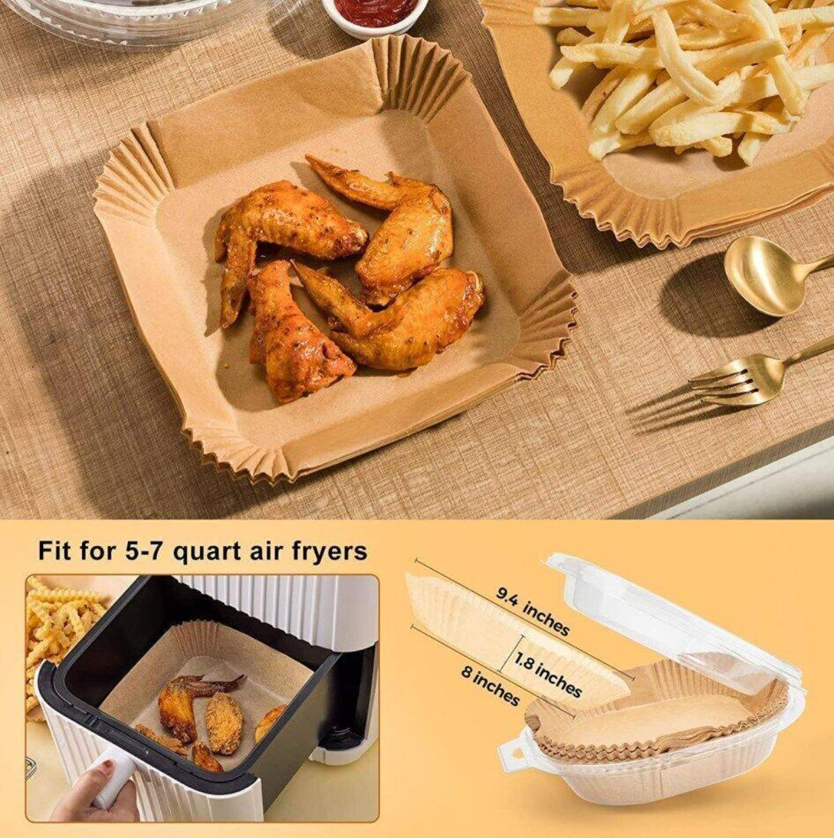 Das Bild zeigt Lebensmittel in Papierauskleidungen mit Informationen zur Kompatibilität mit Fritteusen und Abmessungen.