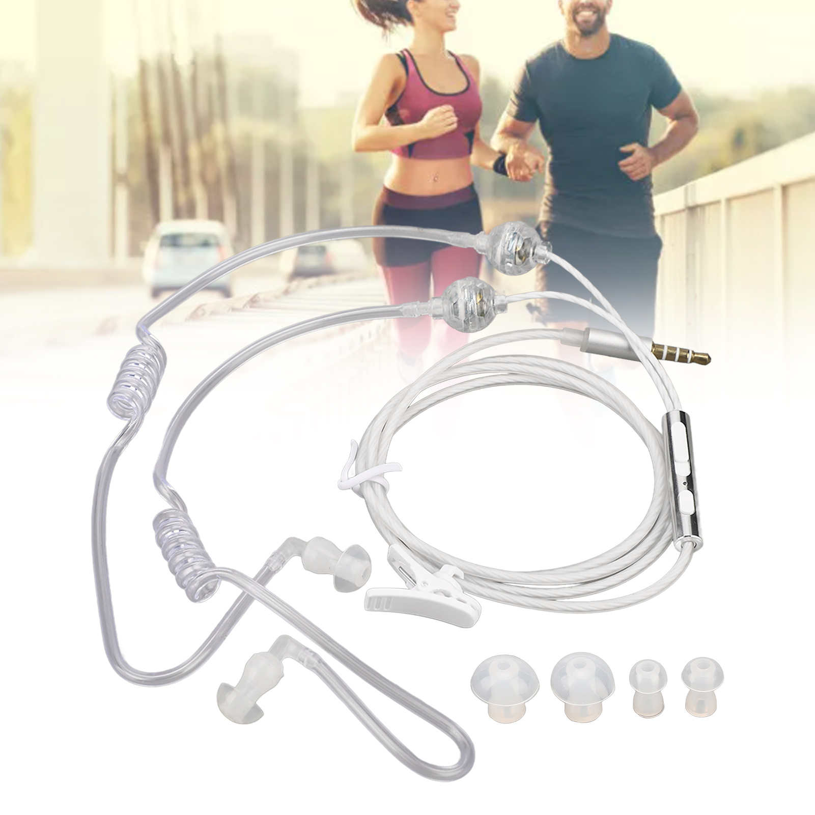 Klares Röhren-Headset mit Ohrstöpseln und Clip, mit Läufern im verschwommenen Hintergrund.