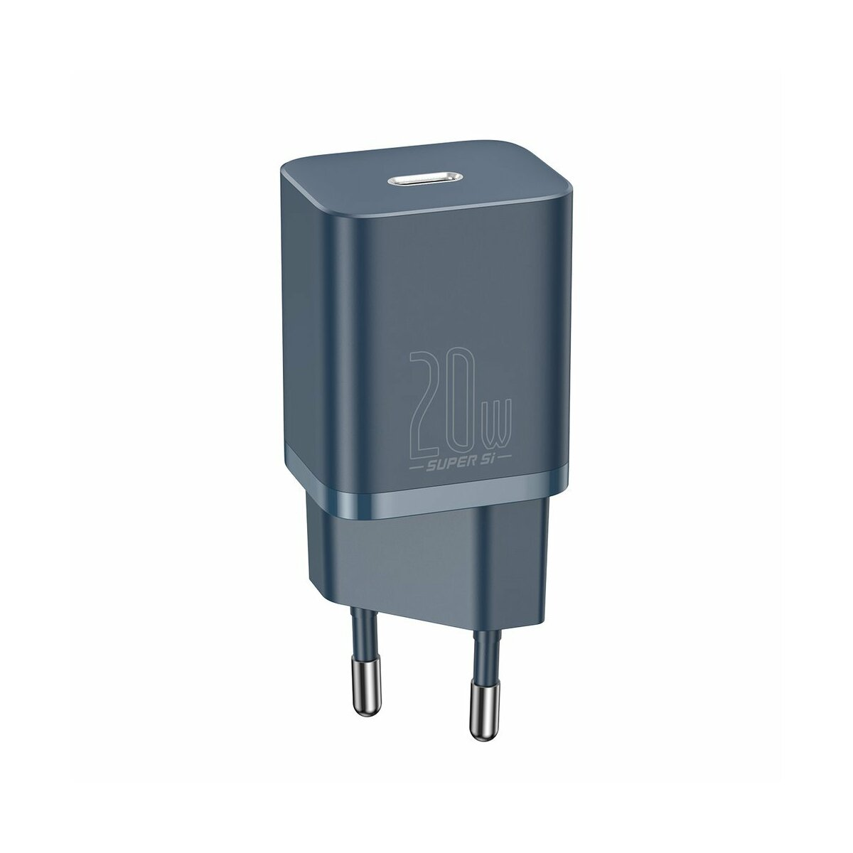 Niebieska ładowarka Baseus 20W z portem USB-C i wtyczką dwupinową. Białe tło.