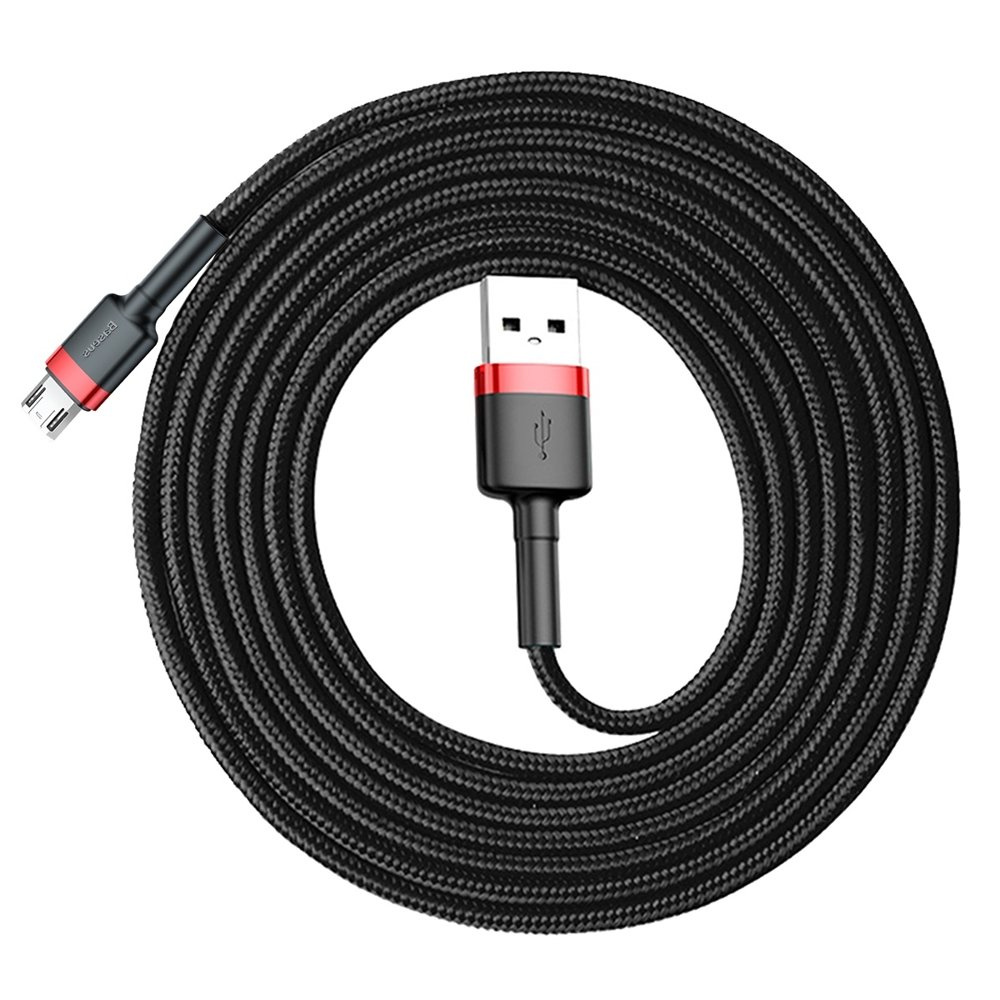 Czarny i czerwony kabel USB ze złączami. Jeden koniec to micro USB.