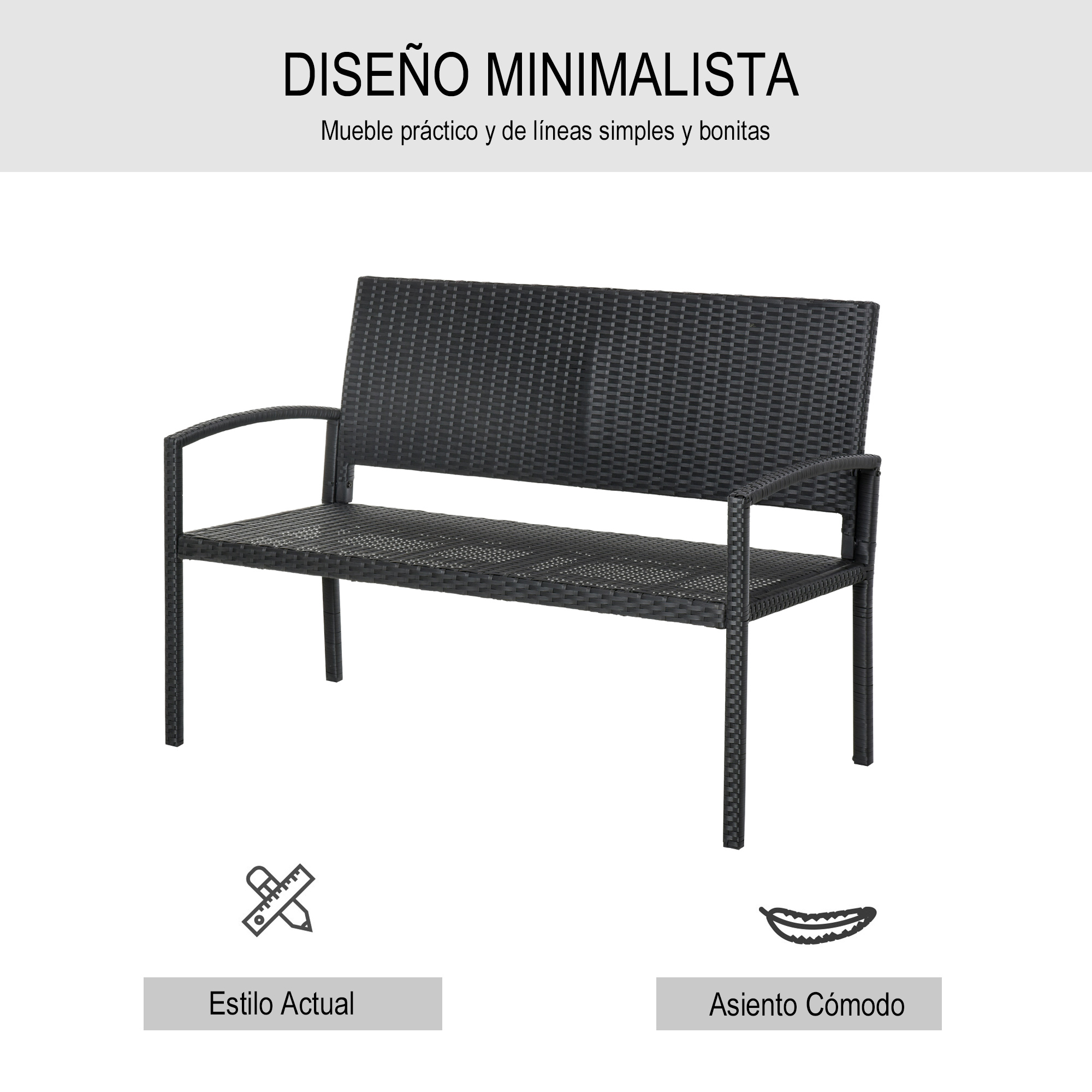 Un banco de mimbre negro con un diseño minimalista, que muestra sus líneas simples y su cómodo estilo de asiento.