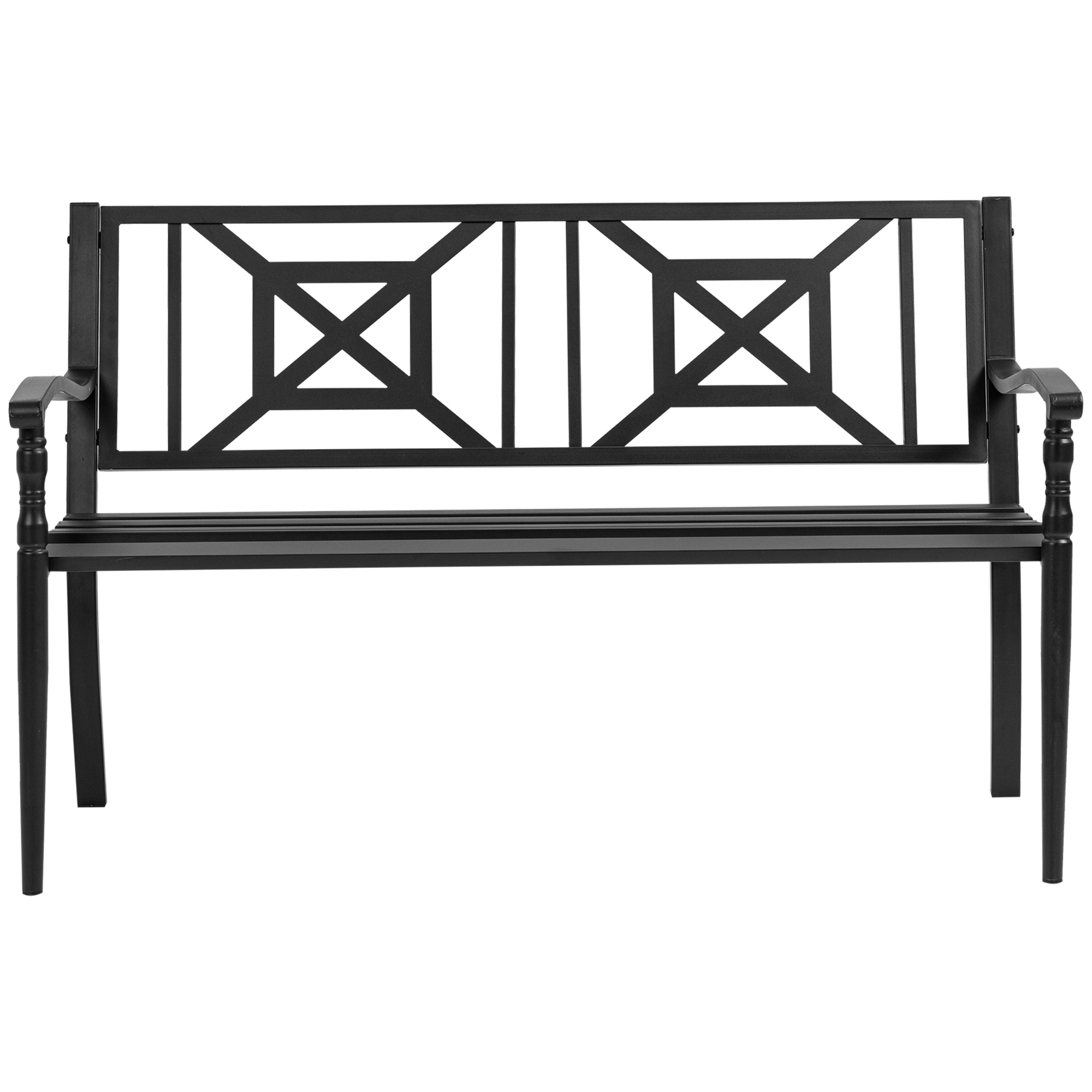 Vista frontale di una panca da esterno in metallo nero con design geometrico sullo schienale.