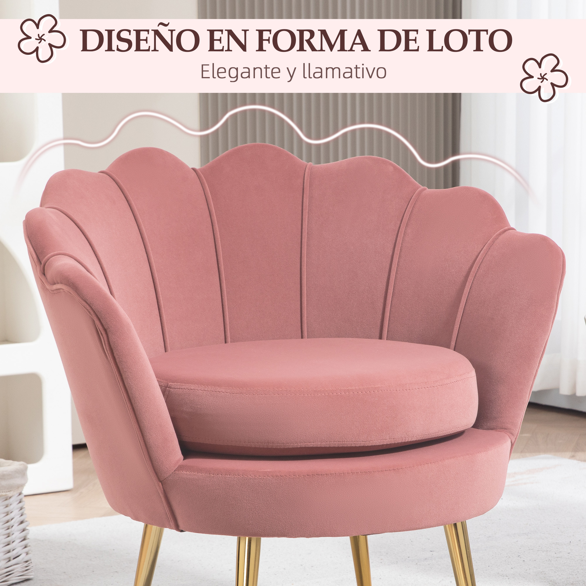 Primer plano de una silla de concha de terciopelo rosa con patas doradas, diseño de loto.