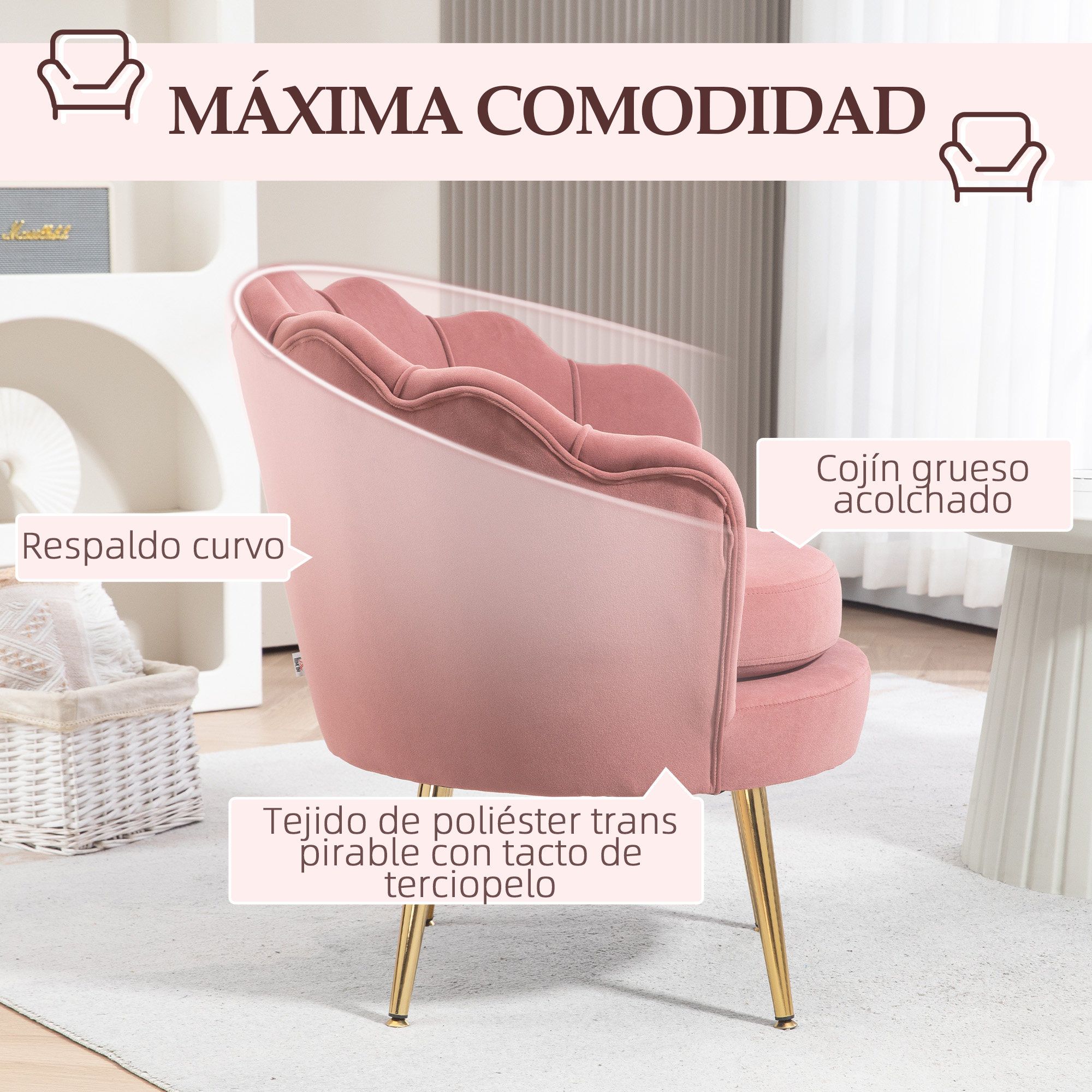 Vista lateral de una silla de concha de terciopelo rosa con patas doradas, que muestra características de comodidad.