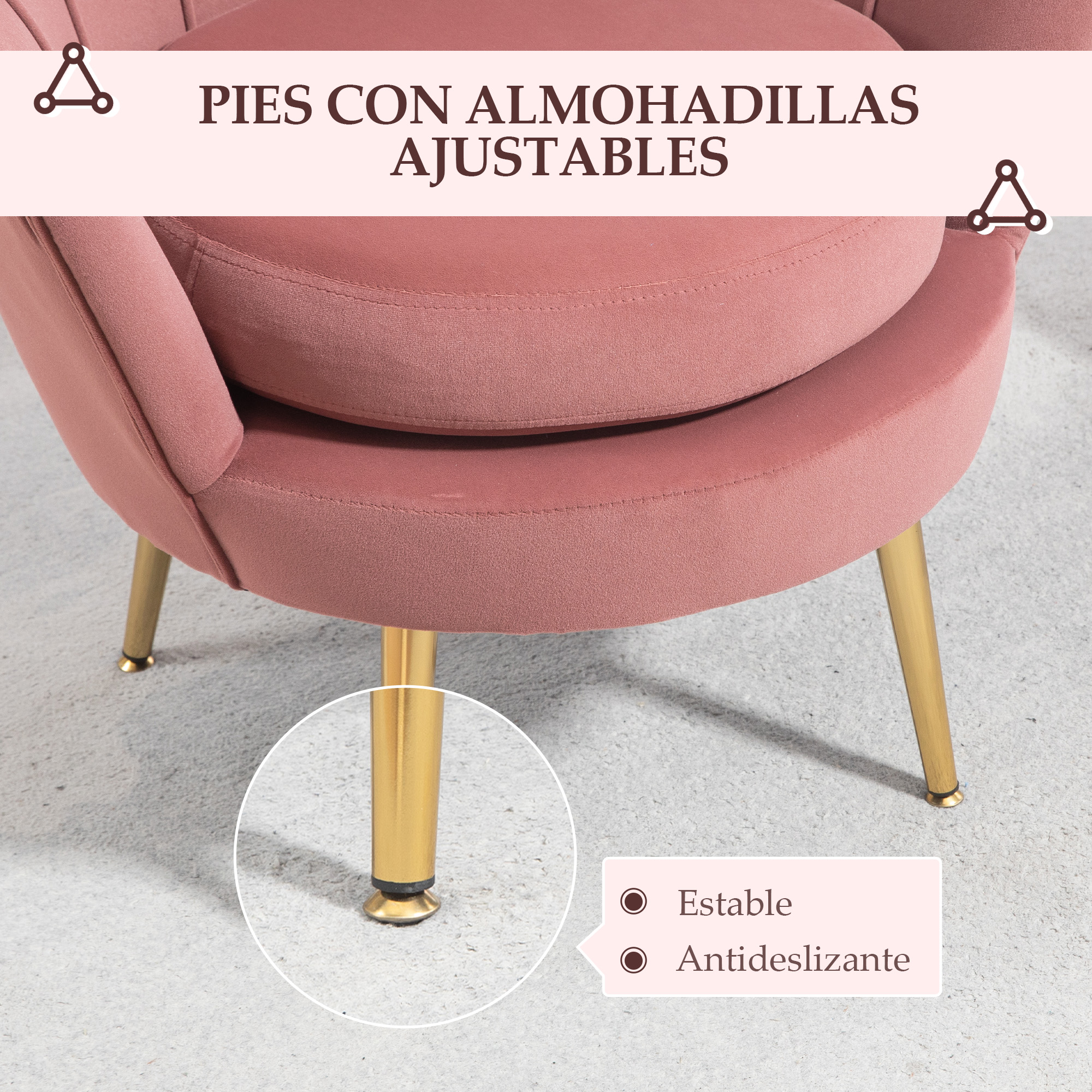 Primer plano de las patas de una silla de concha de terciopelo rosa, almohadillas ajustables para mayor estabilidad.