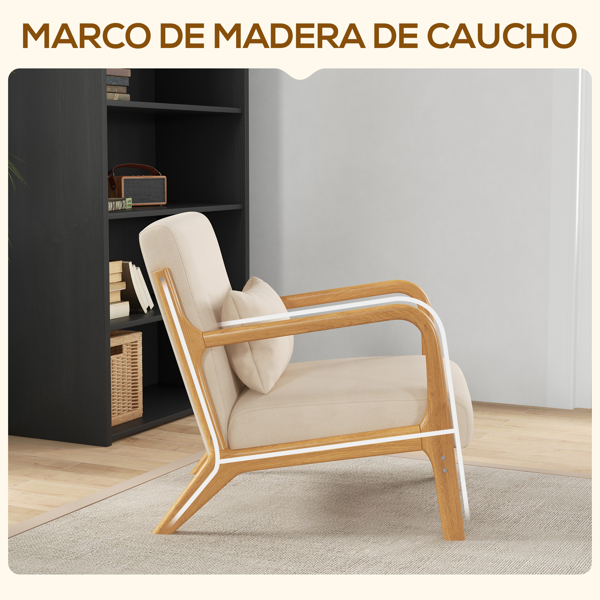 Sillón beige con marco de madera y almohada, junto a una estantería negra sobre una alfombra.