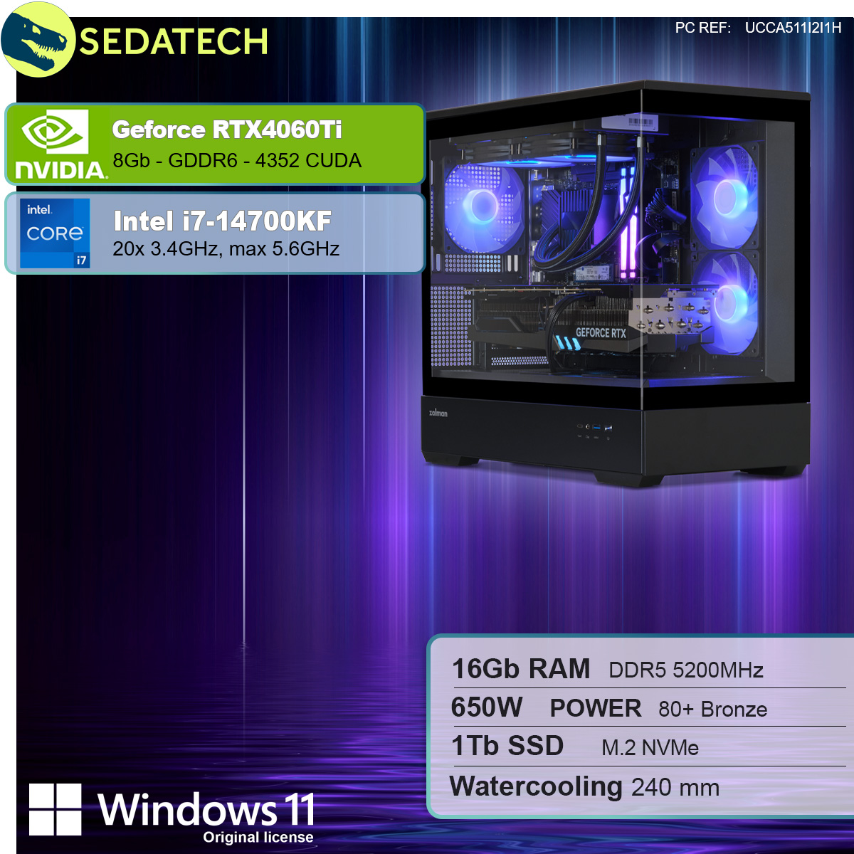 Czarna obudowa komputera z komponentami, panelami informacyjnymi i niebieskim gradientowym tłem.