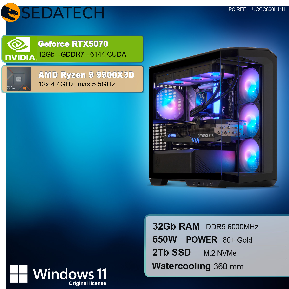 Torre PC nera con pannello laterale in vetro che rivela componenti illuminati di blu, su sfondo verde acqua con specifiche hardware.