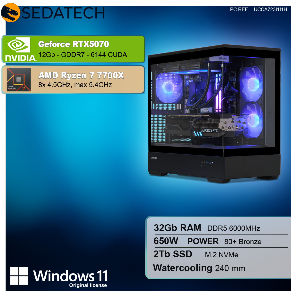 Viene visualizzata una torre di computer nera con ventole blu e scheda grafica GeForce RTX 5070.