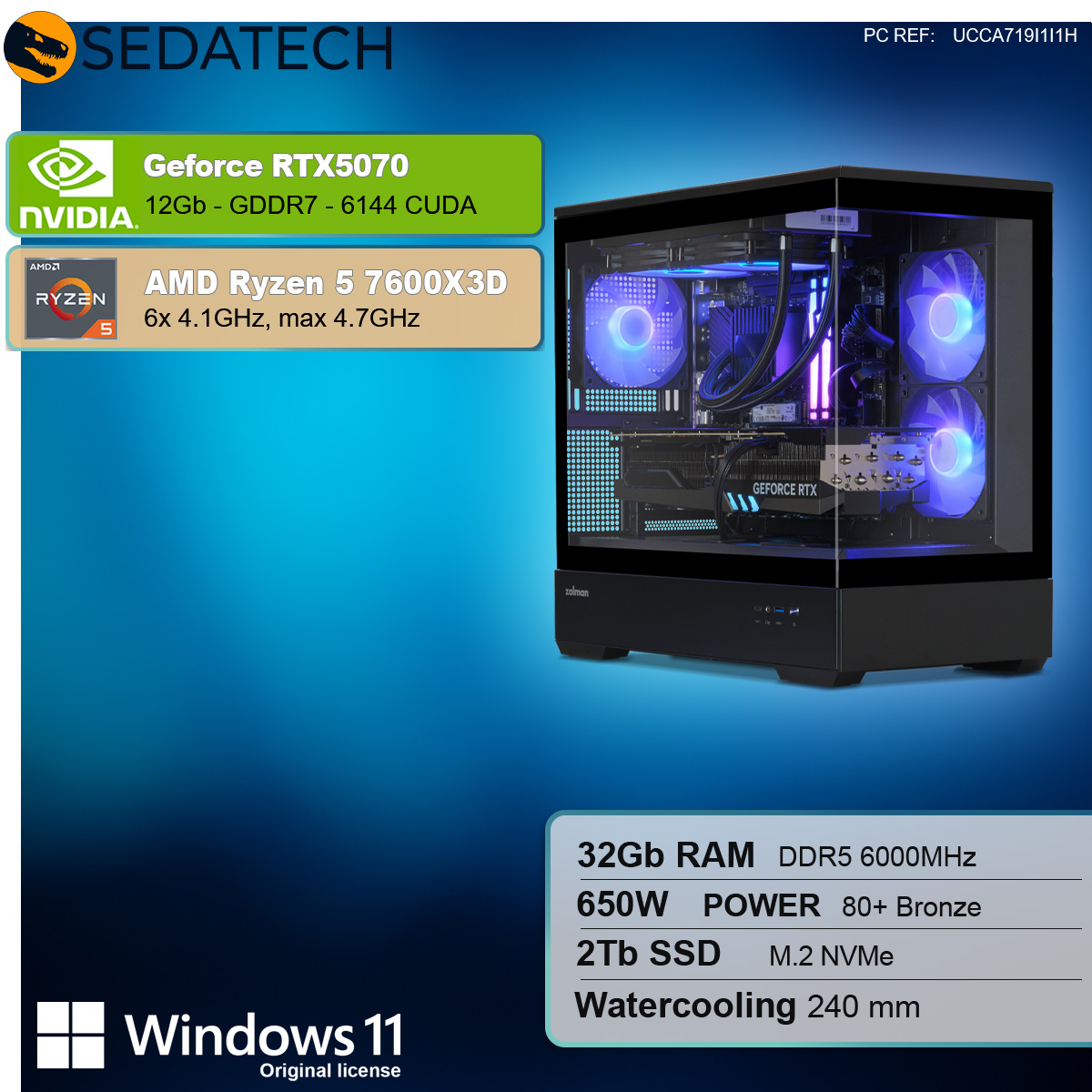 Viene visualizzata una torre di computer nera con ventole blu e scheda grafica GeForce RTX 5070.