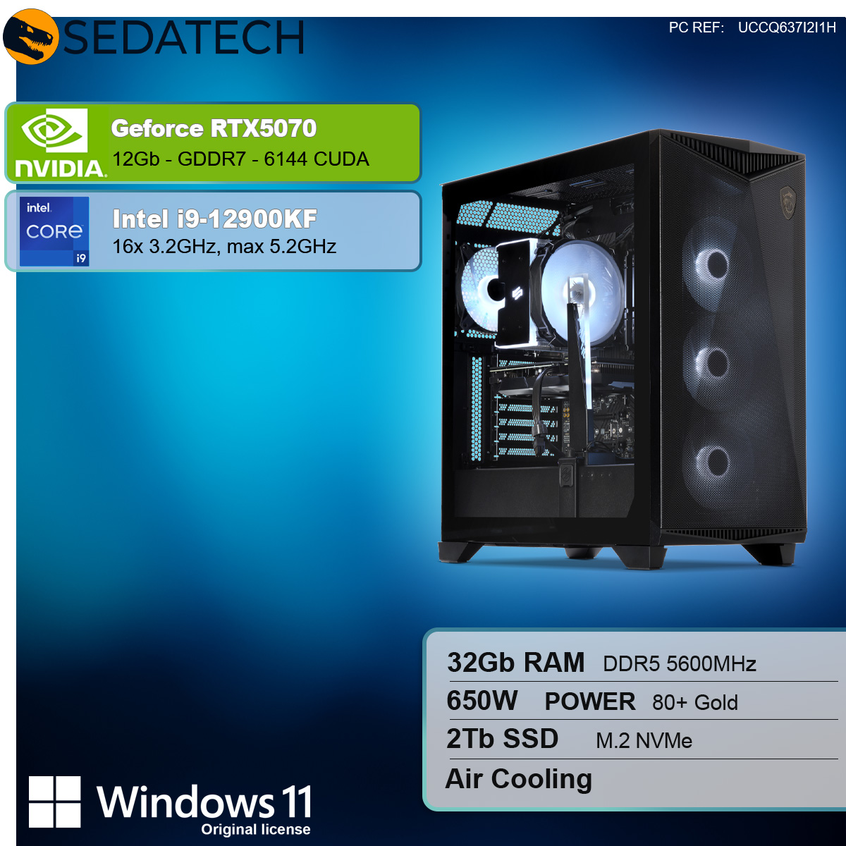 Schwarzer PC-Tower mit beleuchteten Lüftern, die durch die Seitenwand sichtbar sind und interne Komponenten zeigen.
