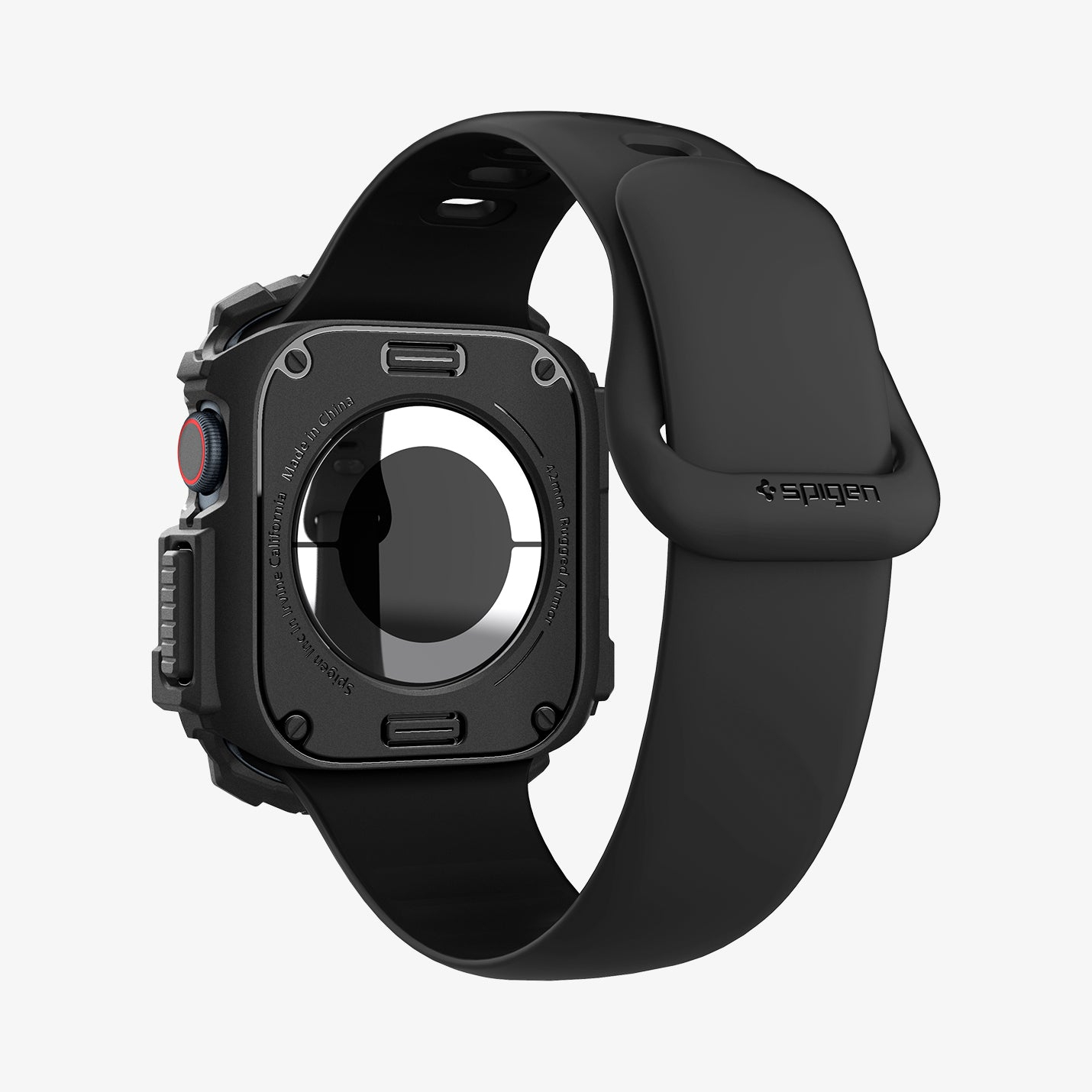 Czarna, wytrzymała obudowa typu rugged armor do smartwatcha, z dołączonym paskiem.